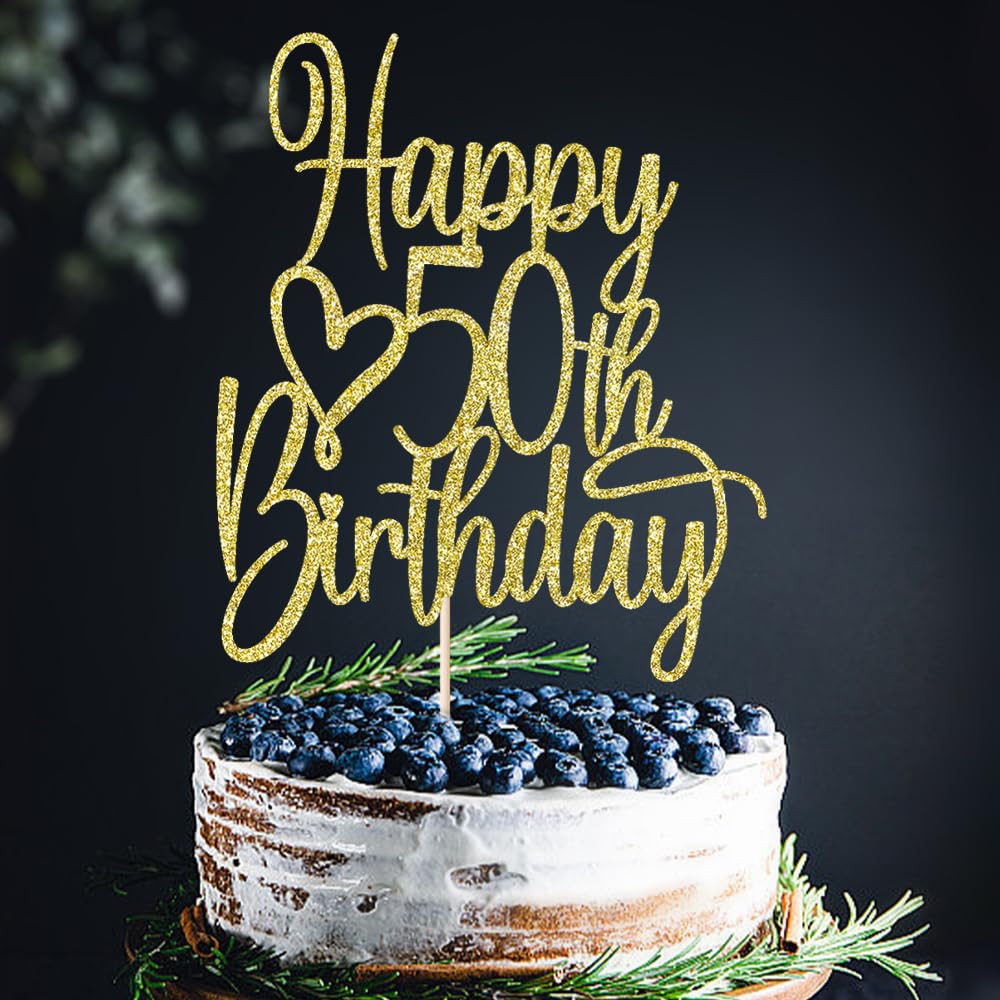 Gold Glitter Happy 50th Birthday Cake Topper - Cheers to 50 Years & Fabulous Cake Decoration for 50th Anniversary Party | Perfect for Milestone Birthday Cakes, Retirement Celebrations & Golden Jubilee Events