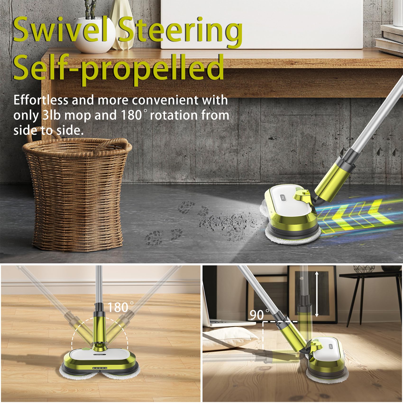 Cordless Electric Spin Mop with LED Headlight & Water Spray - 60 Min Runtime, 300ml Detachable Tank, Super Quiet Floor Cleaner & Waxing Machine - Perfect for Hardwood, Tile & Laminate Floors