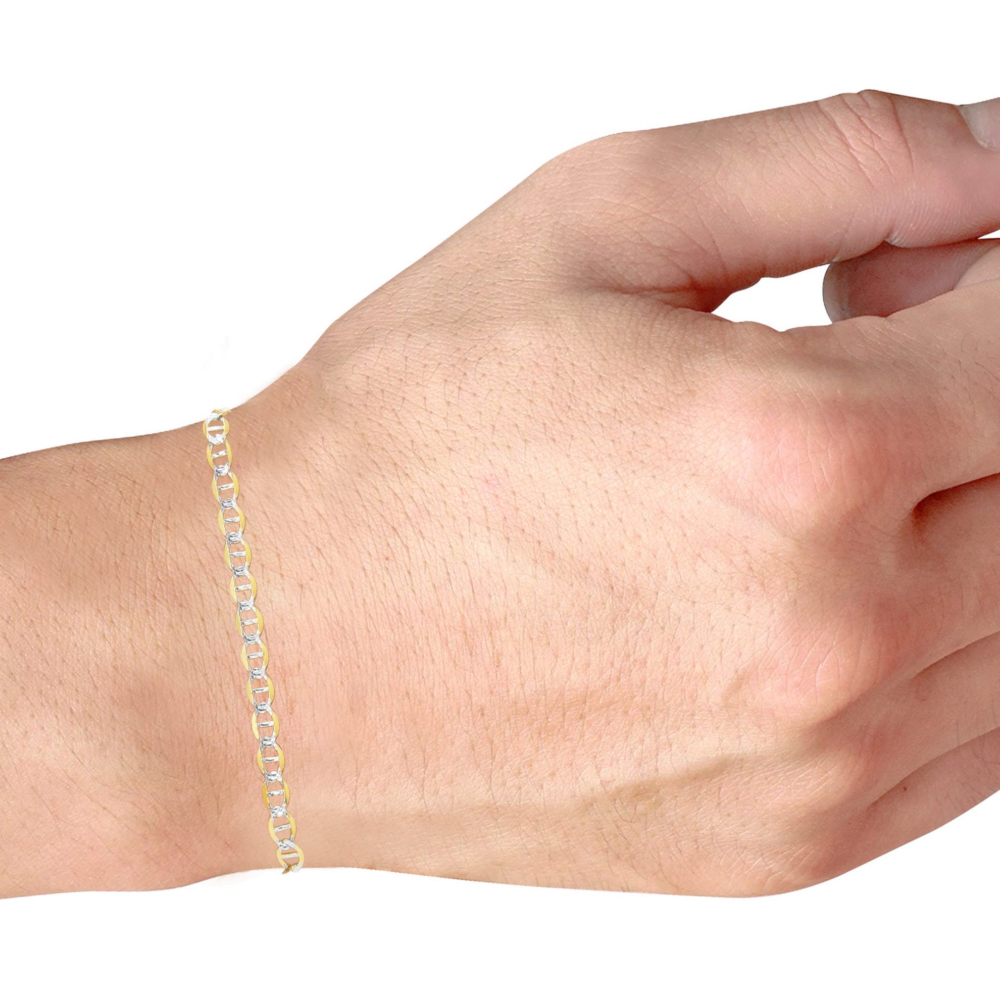 10k Real Yellow Gold Solid Mariner 3mm Anchor Chain Pave Diamond Cut Bracelet for Men & Women (7