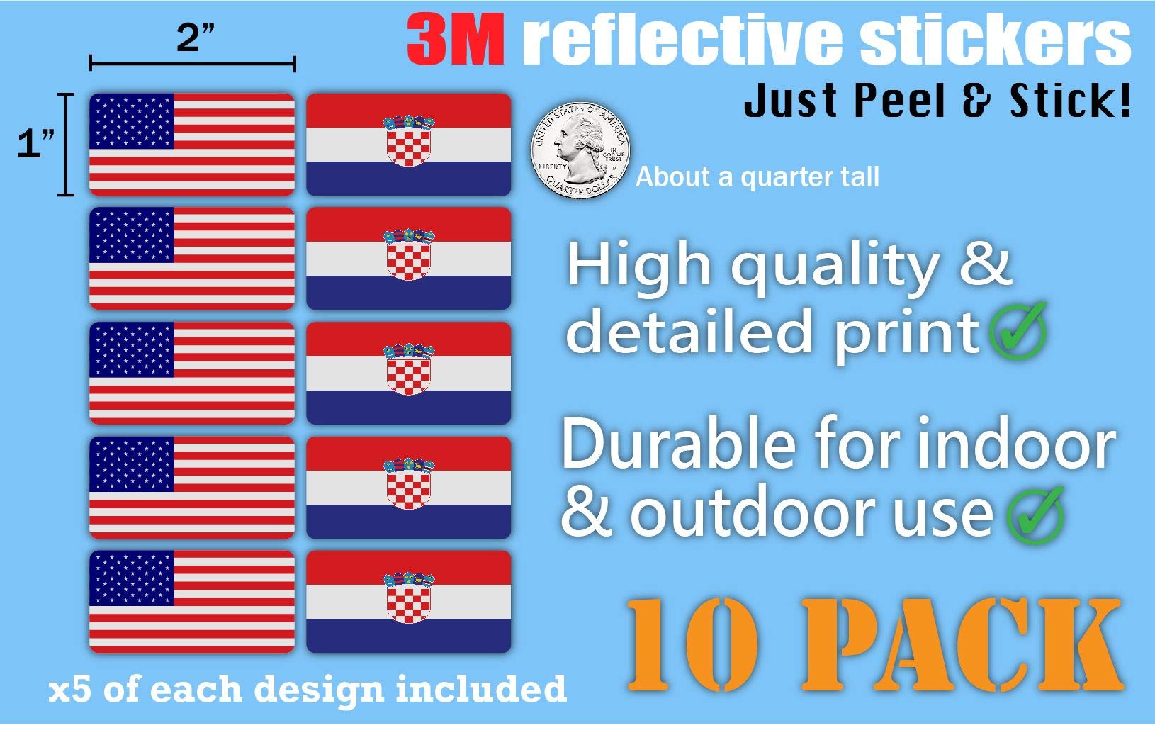 3M Reflective Croatia & USA Flag Stickers (10-Pack) - High Visibility Safety Decals for Hard Hats, Laptops, Bikes & Toolboxes - Perfect for Night Safety, Work Zones & Patriotic Displays