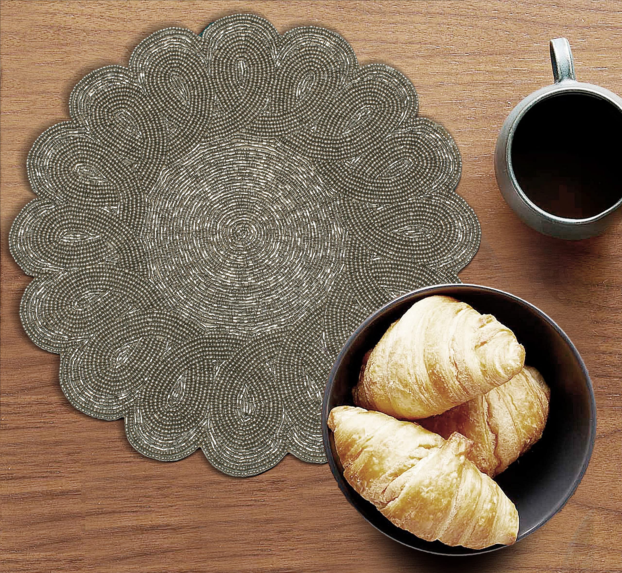 Lightnpro Beaded Charger - Round & Scalloped Christmas Placemat Set of 2 (13 Inch) for Holiday Table Decor, Dining Table Setting, and Festive Party Centerpiece