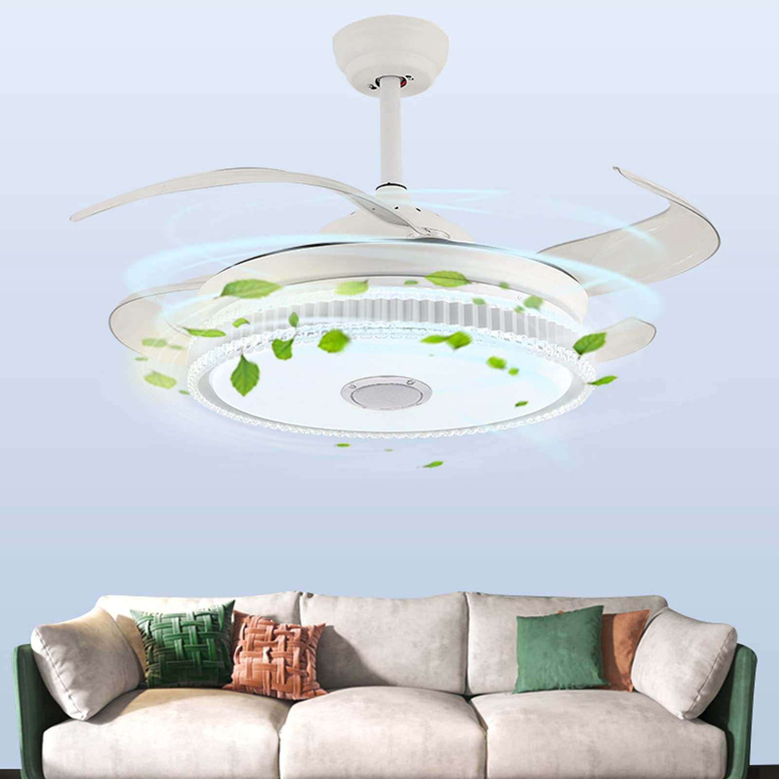 Retractable Ceiling Fan with LED Lights & Bluetooth Speaker - Remote Control, Modern Crystal Chandelier Light Fixture for Living Room, Bedroom - Indoor Home Decor with Music Functionality (Perfect for Entertaining, Relaxation & Climate Control)
