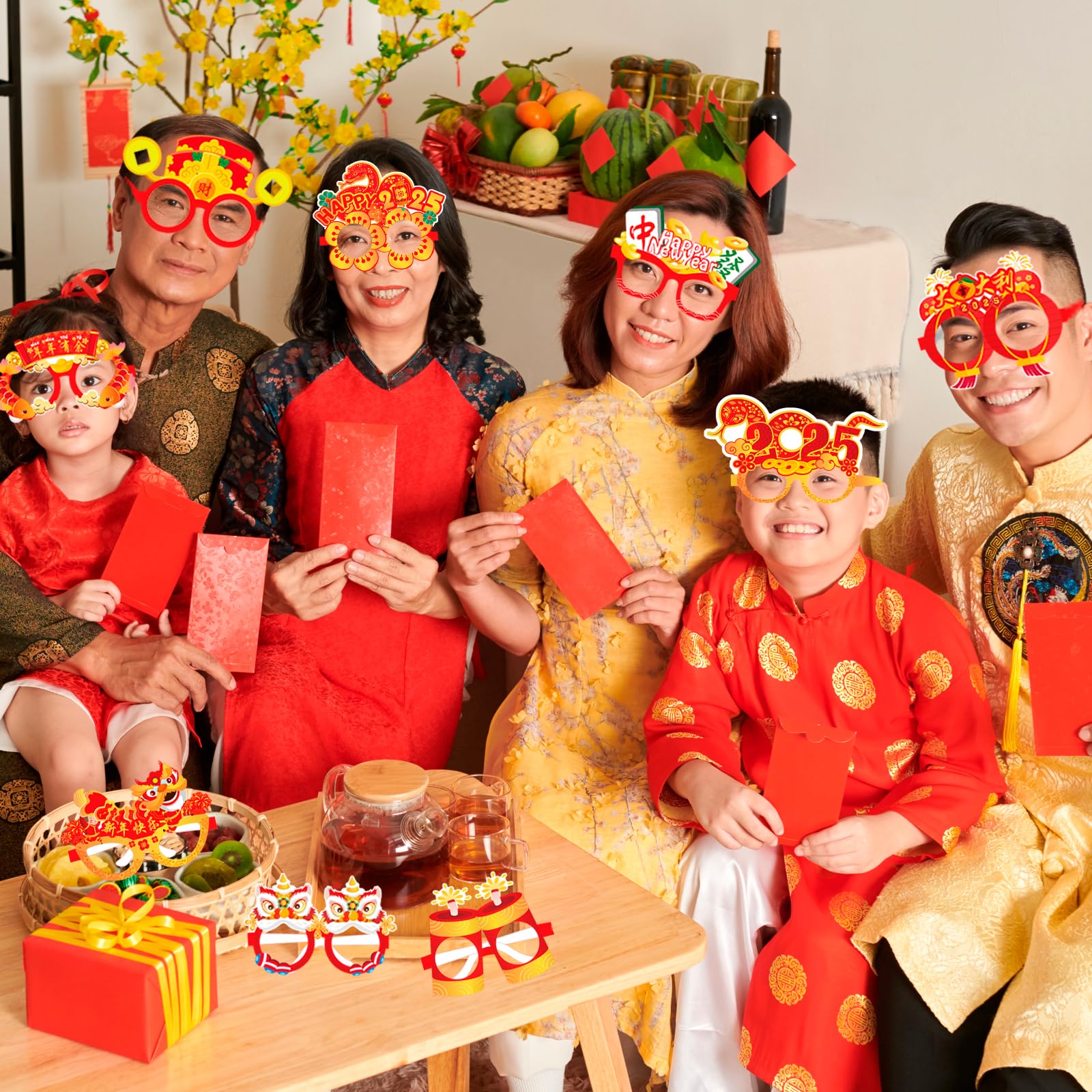 28Pcs Chinese New Year Funny Paper Glasses & Mask Set - 2025 Year of The Snake Photo Booth Props, Spring Festival Selfie Eyewear for Parties & Celebrations - Perfect for Lunar New Year Decorations, Family Reunions & Social Media Photos