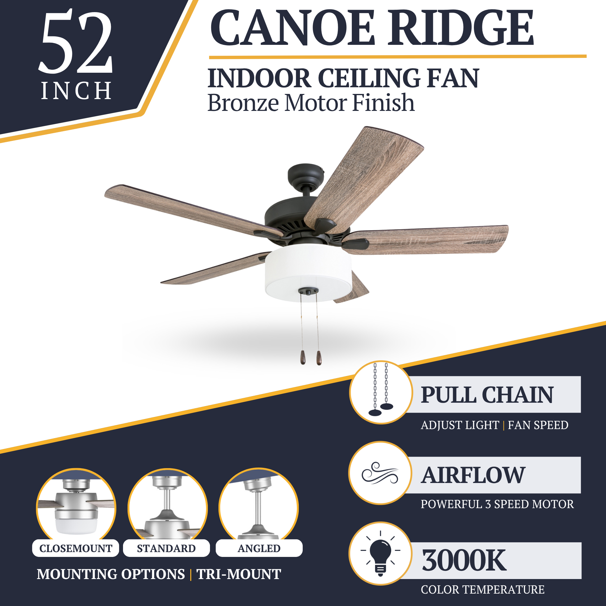 52 Inch Bronze Canoe Ridge Ceiling Fan with Pull Chain - Perfect for Living Rooms, Bedrooms, and Outdoor Patios