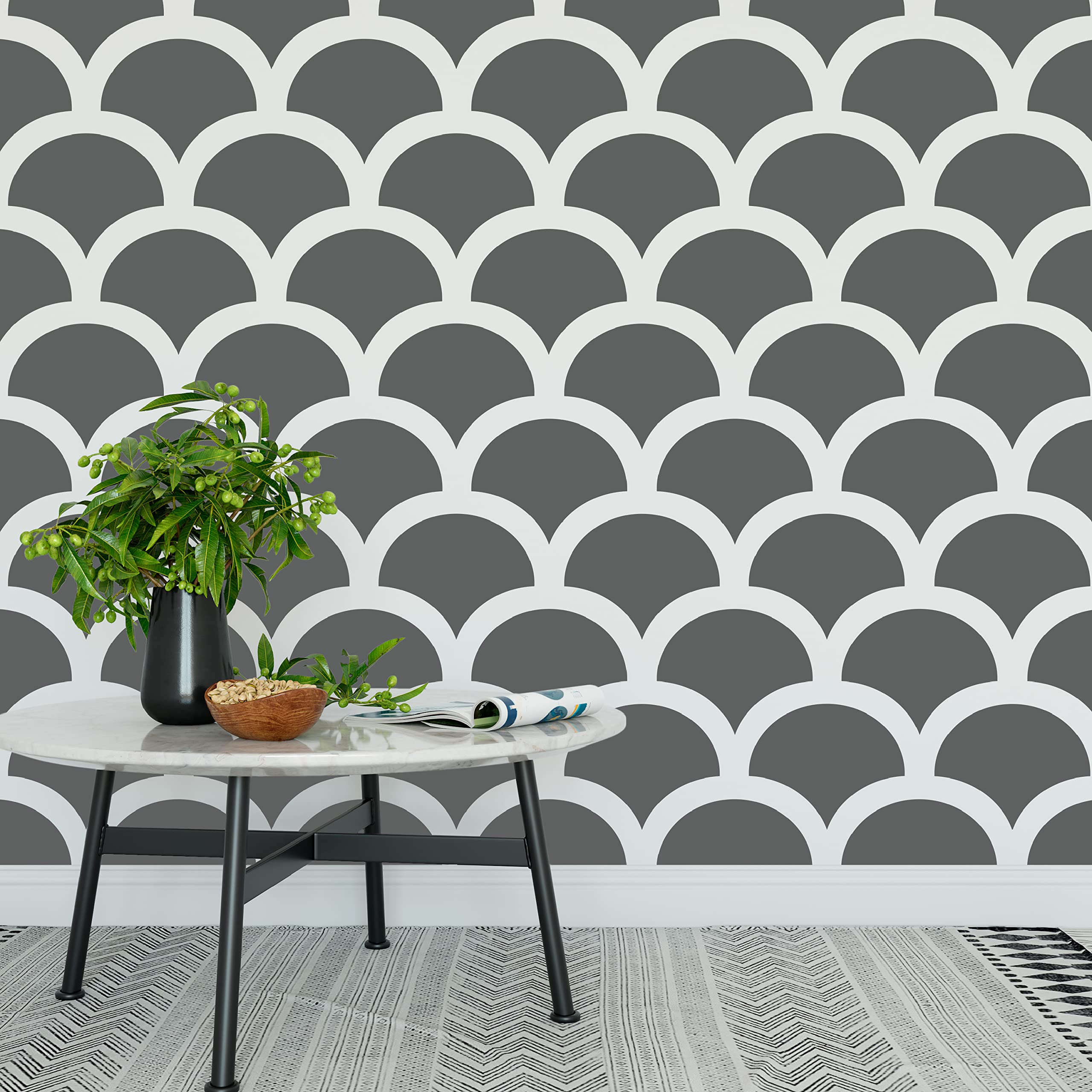 Premium Large Scallop Stencil Set - 2 Pack Mermaid Scale Stencils for Wall, Floor & Furniture Painting - Fish Scale Wall Stencil (13