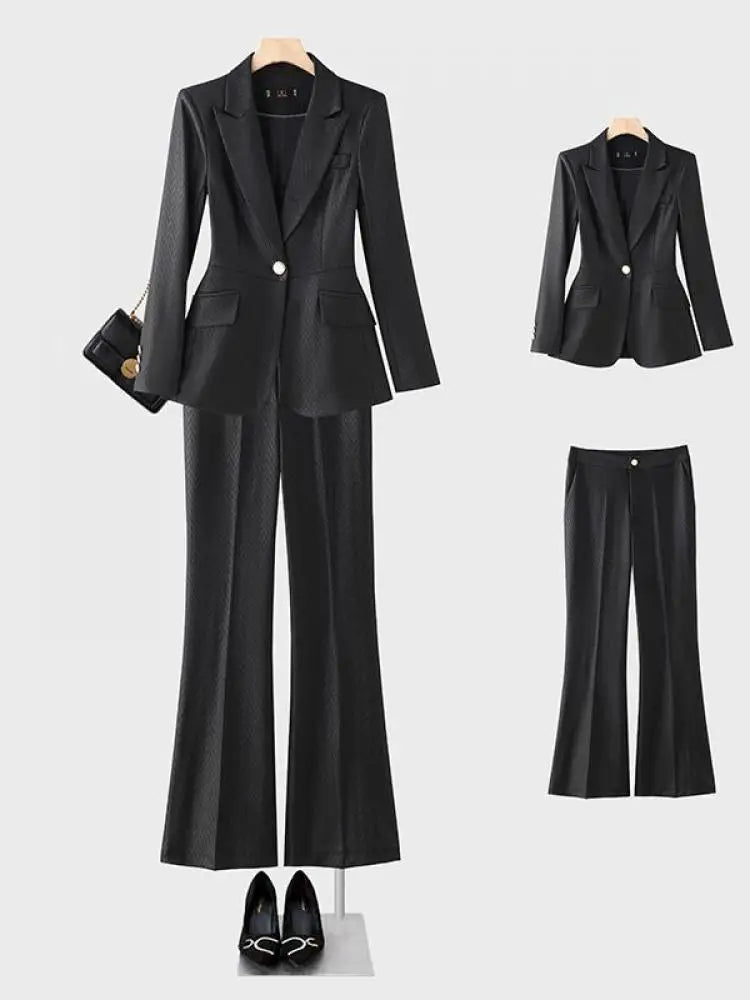 Women's Autumn Winter Office Blazer & High Waist Wide Leg Pants Set - Elegant Solid Color Two-Piece Suit for Work, Business Casual & Professional Outfits
