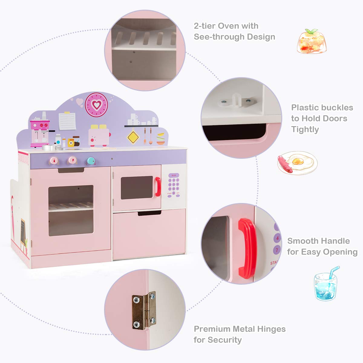 Costzon 2-in-1 Kids Play Kitchen & Wooden Pretend Cafe Set with Stove, Oven, Microwave & Storage - Interactive Cooking Toy for Toddlers & Preschoolers - Perfect for Role Play, Birthday Gifts & Indoor Pretend Play (Pink)