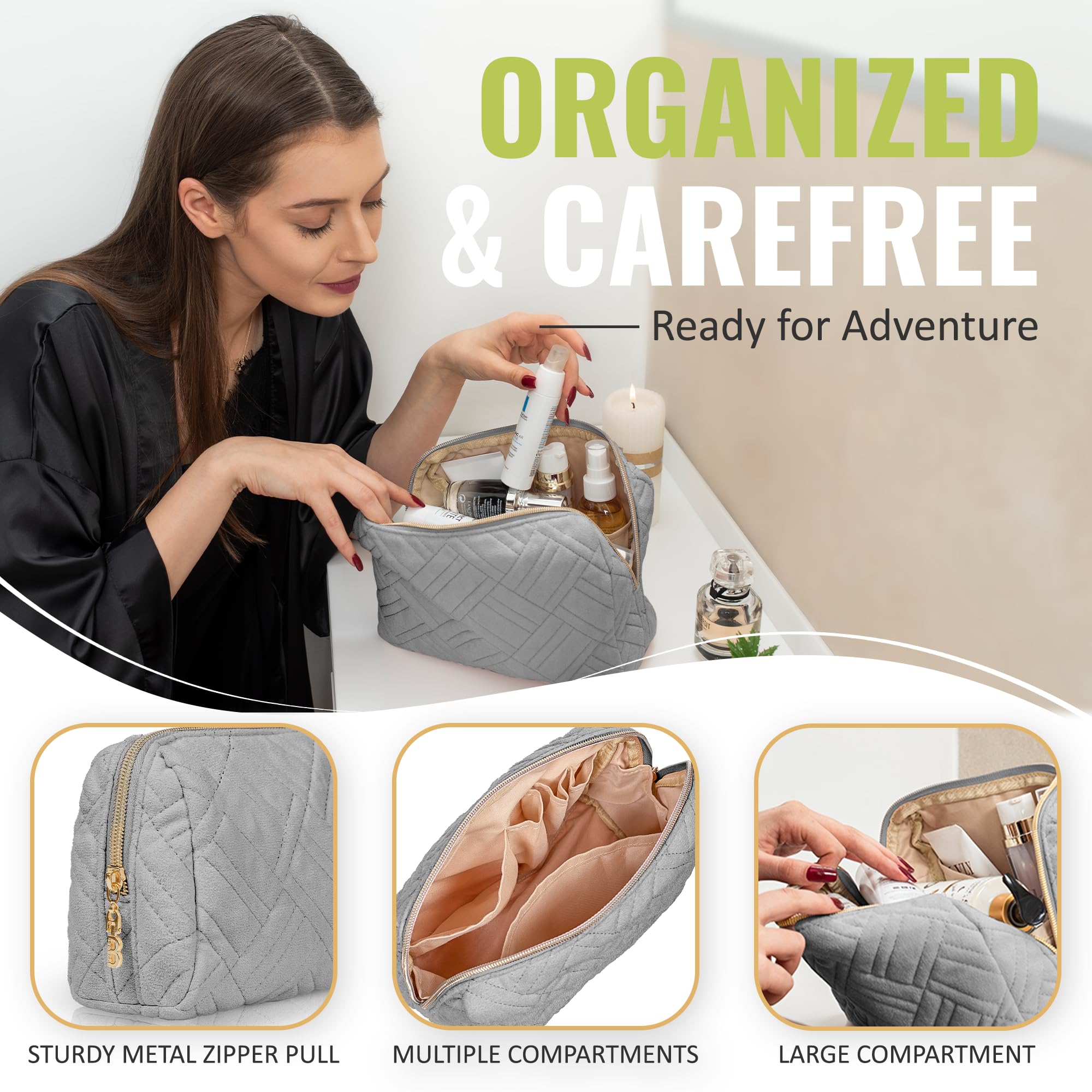 BOACAY Large Makeup Bag for Women - Waterproof Travel Cosmetic Organizer with Zipper, Toiletry Pouch for Purse, Makeup Brush Case | Perfect for Travel, Gym & Daily Essentials Storage