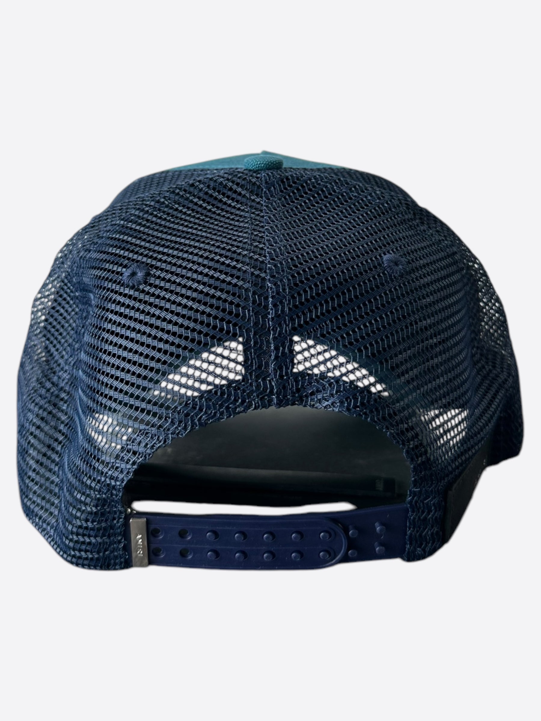Amiri Blue & White Script Logo Trucker Hat - Stylish Baseball Cap for Men & Women - Perfect for Streetwear, Casual Outfits & Outdoor Activities
