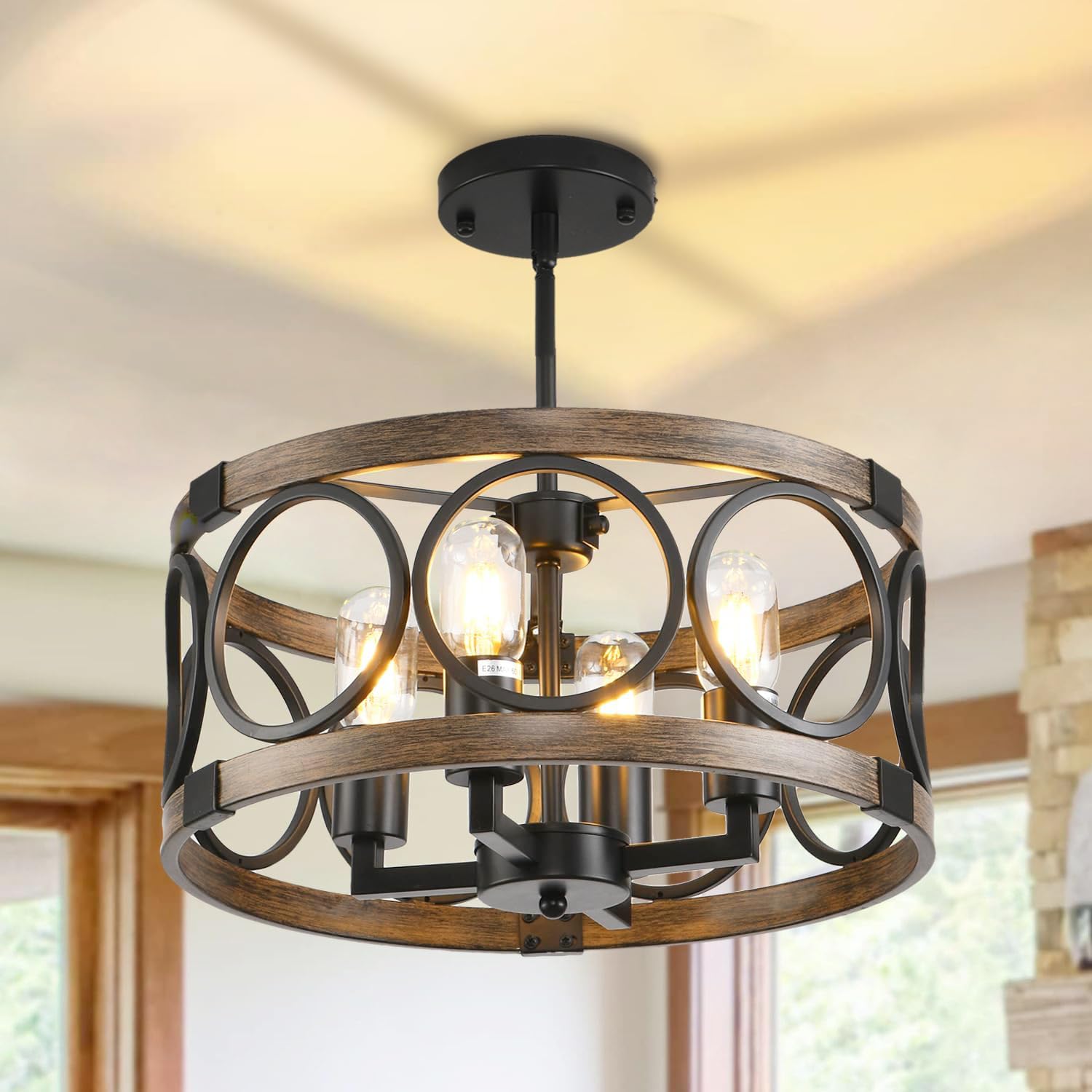 Black Rustic Farmhouse Chandelier - 4-Light Semi Flush Mount Ceiling Light Fixture for Kitchen & Dining Room with Adjustable Height | Perfect for Farmhouse, Cottage & Vintage Style Home Decor