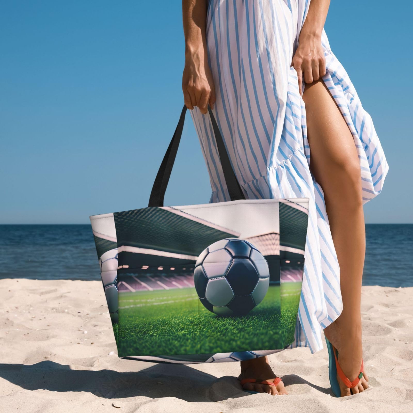 NOUZU Soccer Print Beach Tote - Large Women's Travel Bag for Beach & Gym - Black