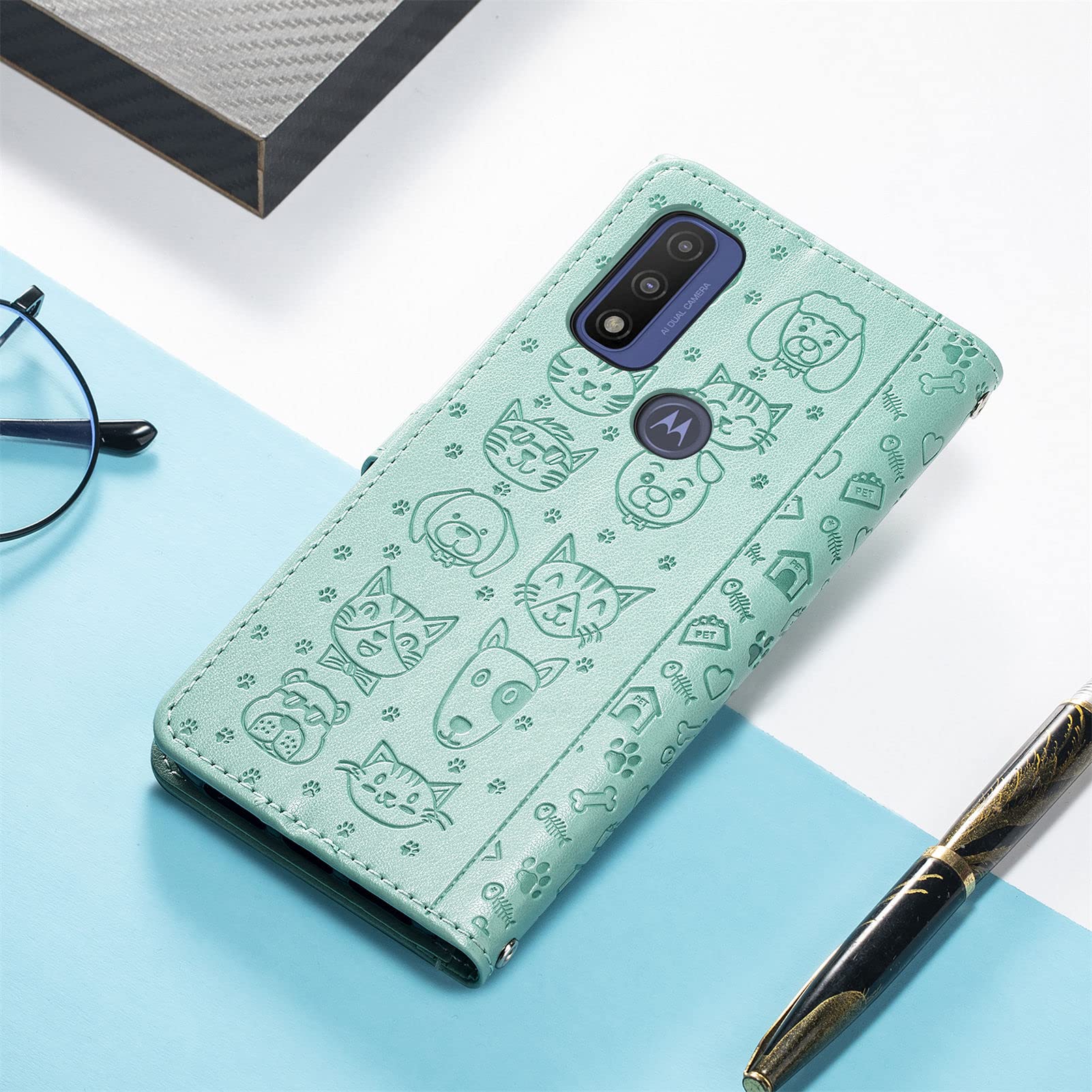 Cute Cartoon Wallet Case for Motorola Moto G Power 2022 (MG Green) - PU Leather Flip Cover with ID Card Holder, Cat & Dog Design | Perfect for Daily Use, Travel, and Work