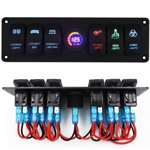 12V Rocker Switch Panel with 6 Gang Circuit Breaker & LED Voltmeter - Waterproof for RV, Car, Boat, Marine & Off-Road Vehicles (Dashboard & Control Panel Installation)