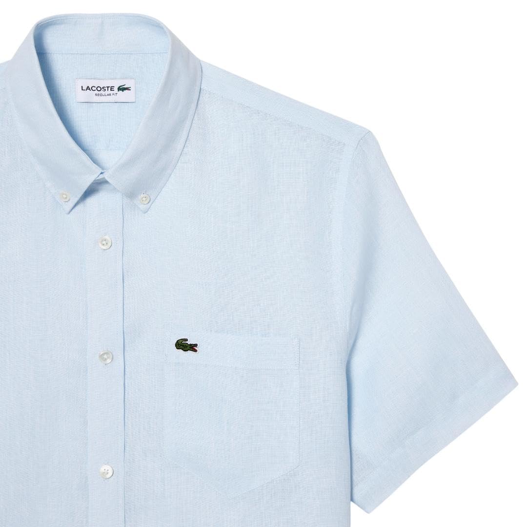 Lacoste Men's Short Sleeve Linen Button Down Shirt - Classic Regular Fit with Front Pocket | Casual Summer Wear, Office & Outdoor Activities