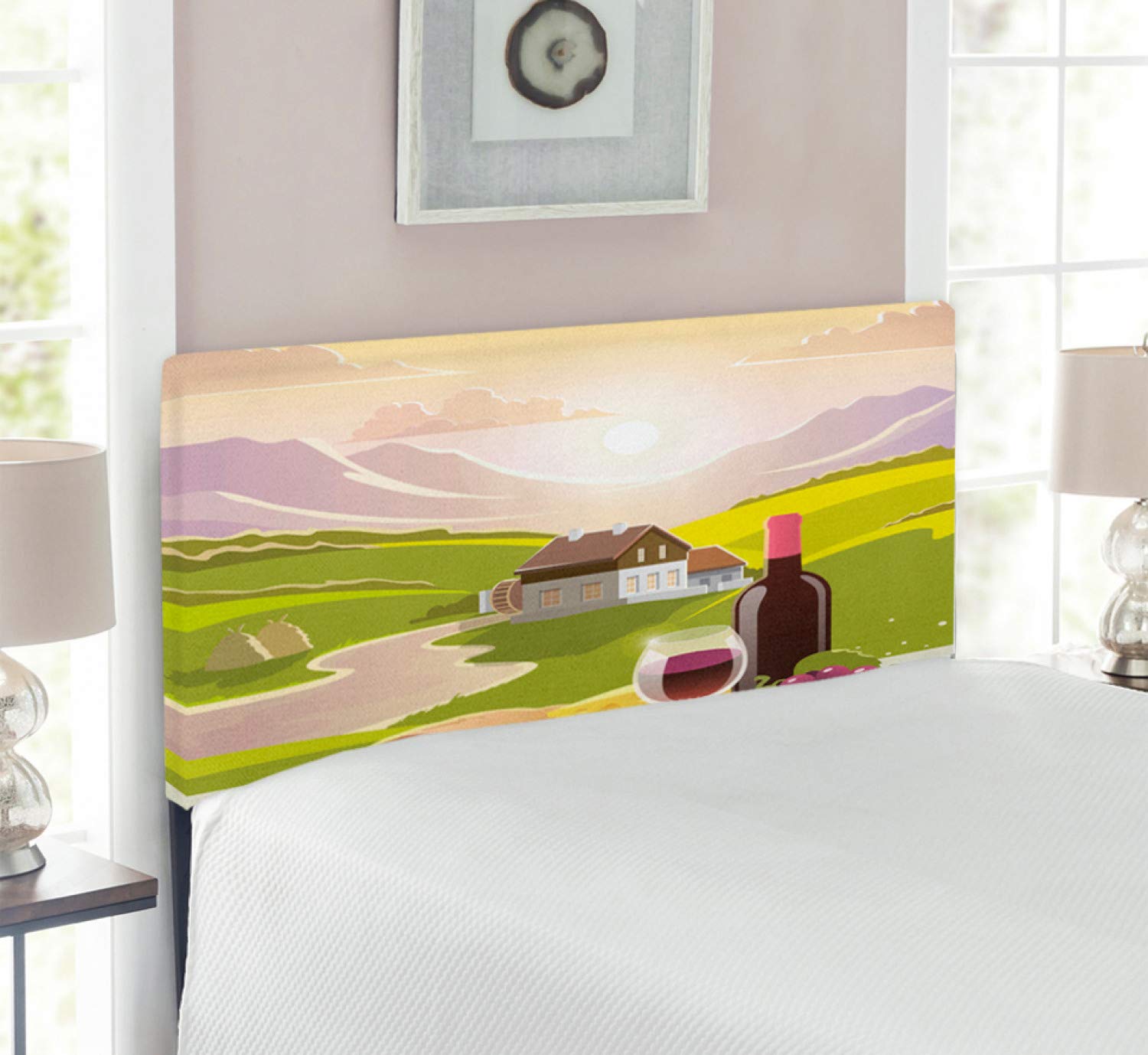 Ambesonne Winery Headboard - French Countryside Wine & Cheese Themed Upholstered Metal Bed Frame with Memory Foam | Twin Size Green Purple Cream Headboard | Perfect for Bedroom Decor & Wine Lovers