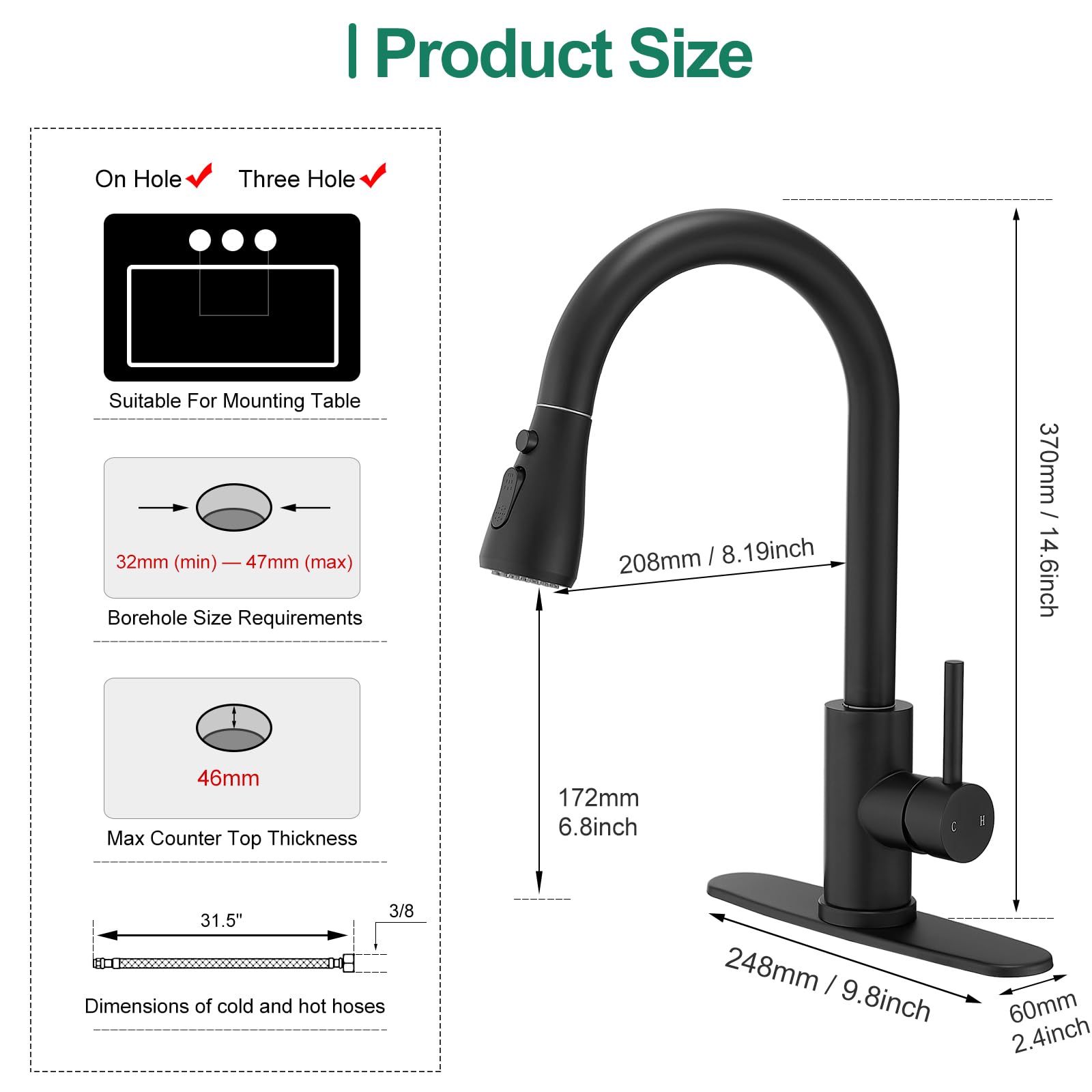 VOTON Black Pull Down Kitchen Faucet with Sprayer - Modern Single Handle High Arc Sink Faucet for 1 or 3 Hole Installation - Perfect for Farmhouse, RV, Camper, Bar & Laundry Sinks - Durable & Stylish Design for Everyday Cooking and Cleaning