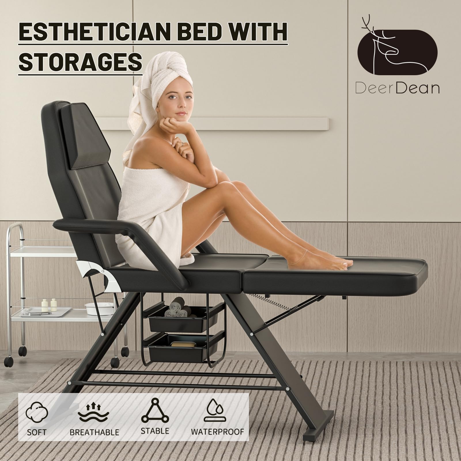 Professional 3-Section Adjustable Tattoo Bed & Facial Spa Chair for Estheticians - Heavy Duty 440lbs Capacity Massage Table with Storage Baskets - Perfect for Tattoo Parlors, Beauty Salons & Lash Studios (Black)