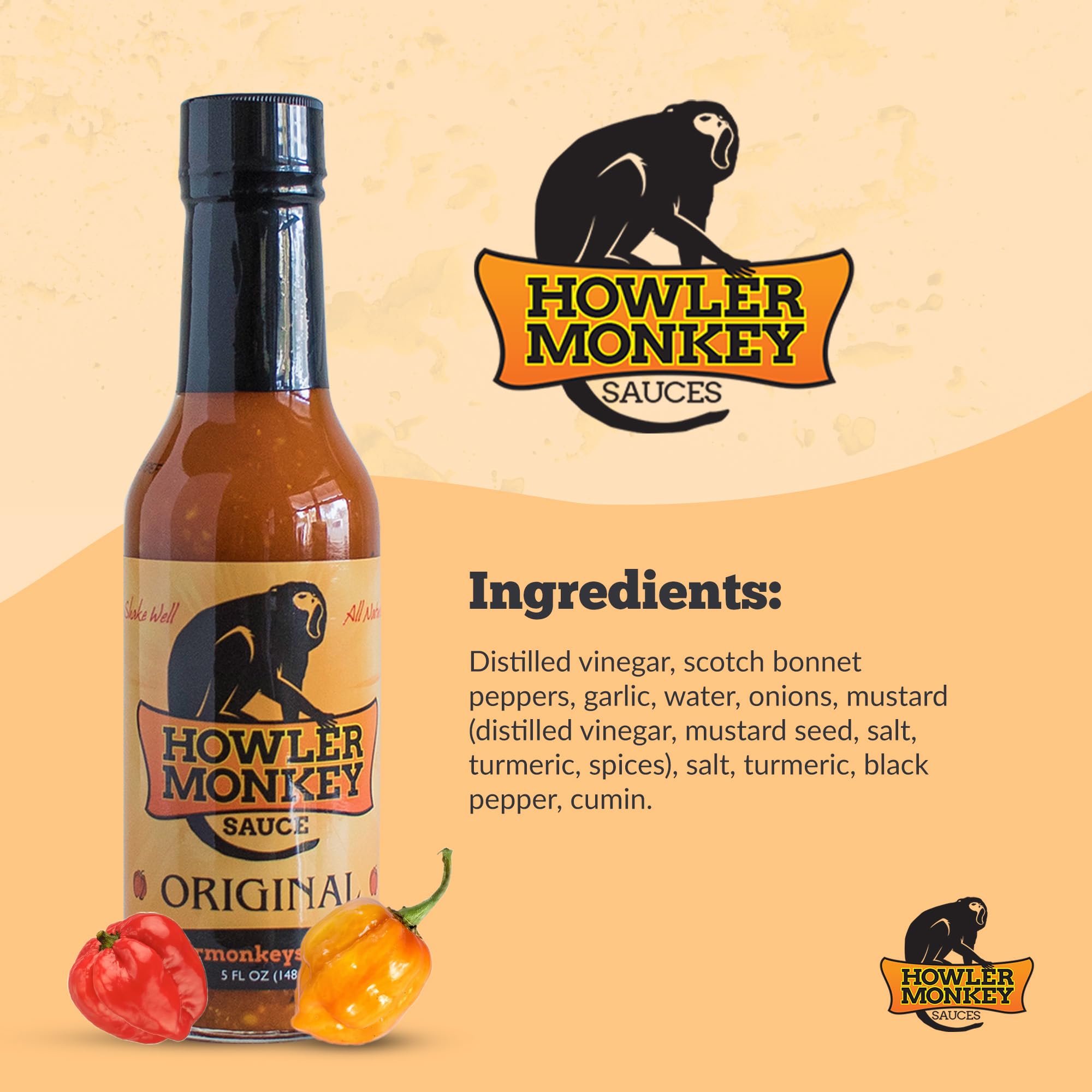 Howler Monkey Sauce Original - Authentic Panamanian-Style Hot Sauce with Aji Chombo Peppers | Gluten-Free, Keto-Friendly, Low Sodium Hot Sauce | 5 oz Bottle - Perfect for Tacos, Wings & Grilling