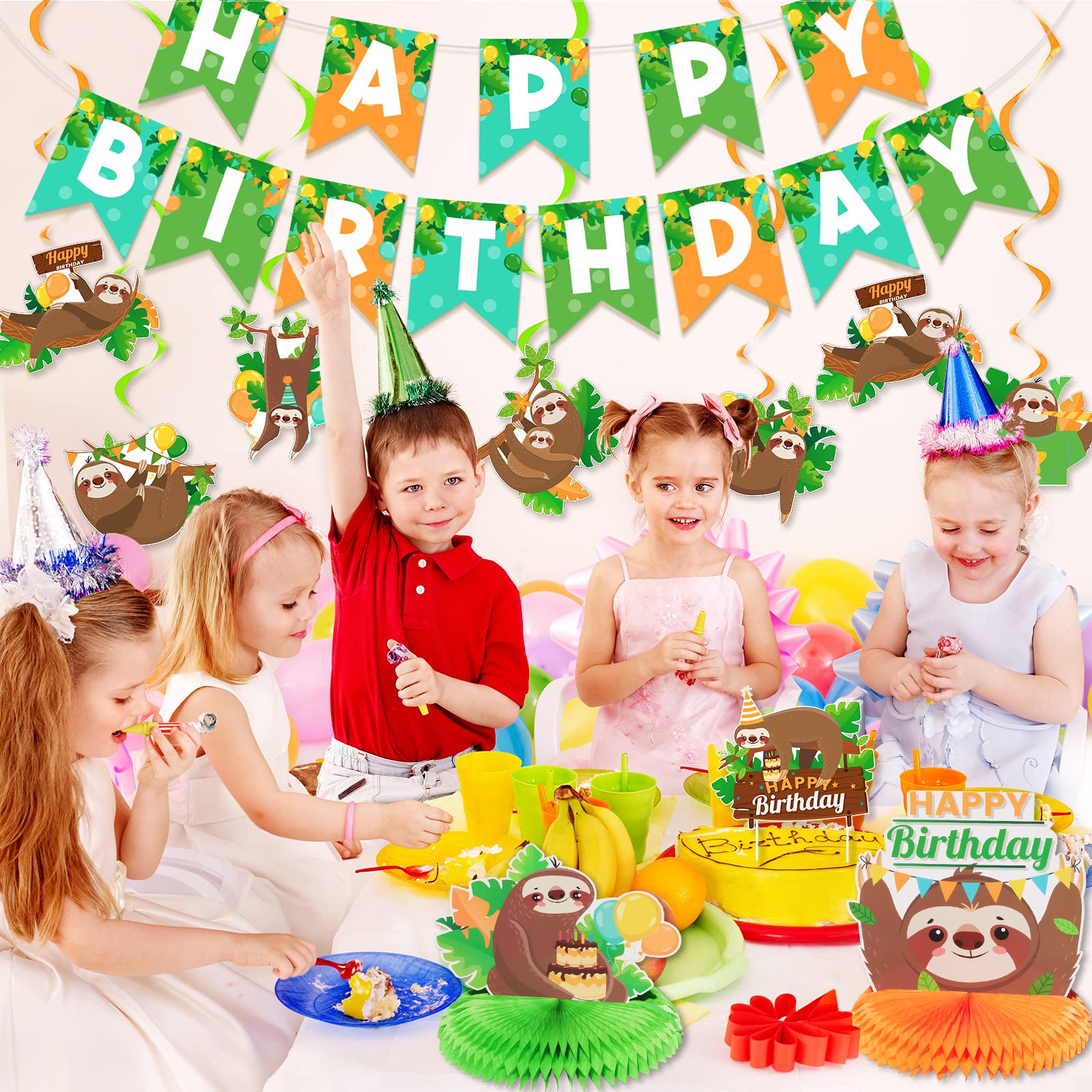 Sloth Birthday Party Decorations Set - Sloth Theme Happy Birthday Banner, Cake Toppers & 3-Piece Honeycomb Table Centerpieces for Baby Showers, Kids Birthdays & Sloth-Themed Events