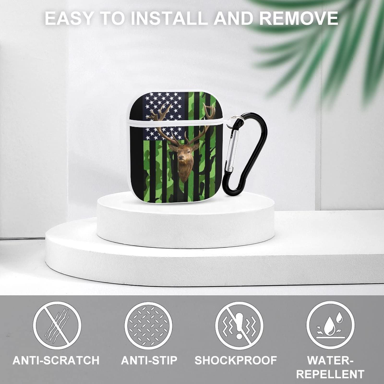 Deer Camo AirPods 1/2 Case with Keychain - Soft Plastic Protective Cover for Wireless Charging | Hunting Green Camouflage Design | Perfect for Outdoor Adventures & American Flag Enthusiasts