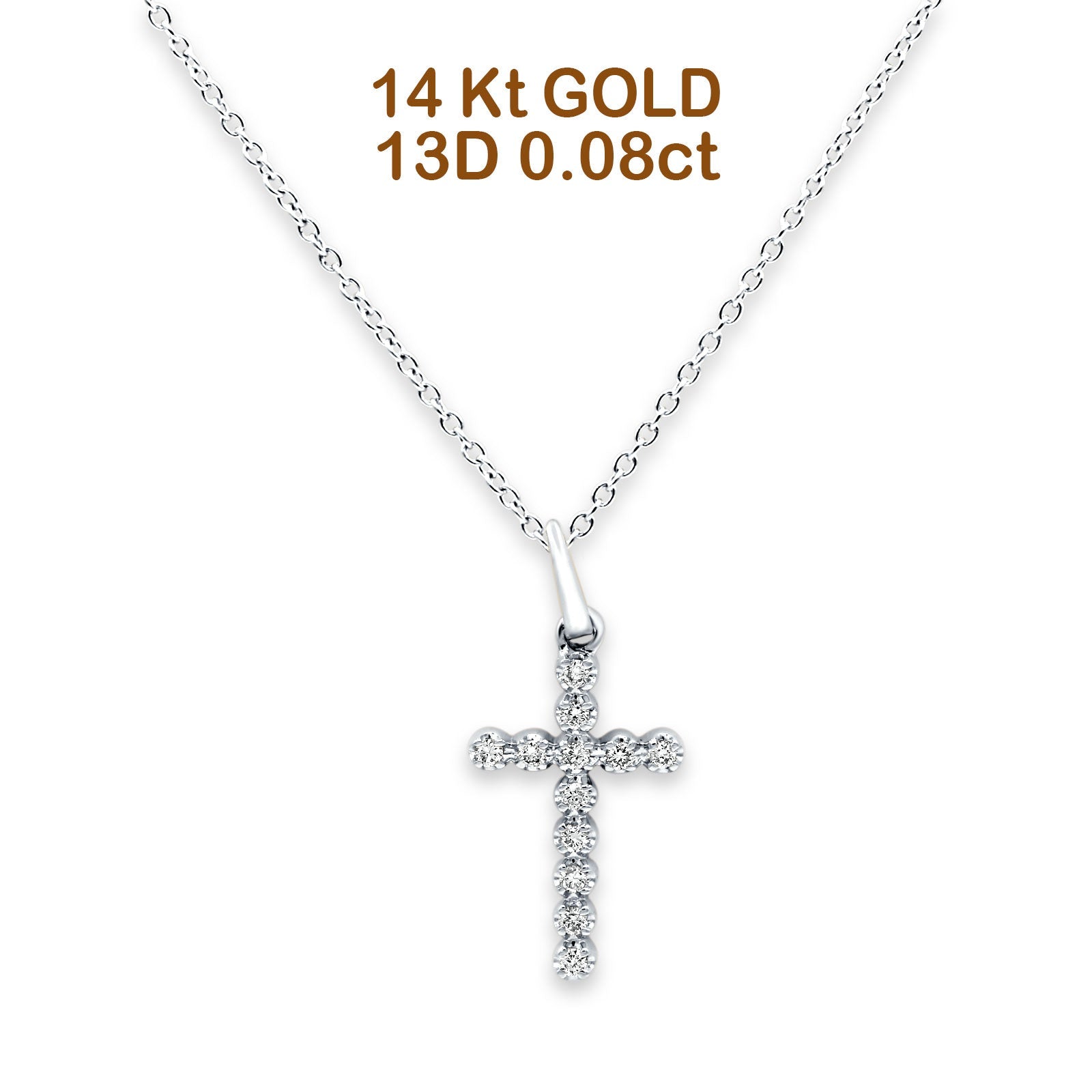 14K Gold 0.08ct Diamond Cross Pendant Necklace - 18 Inch Chain - Elegant Religious Jewelry for Women - Perfect for Baptism, First Communion & Everyday Wear