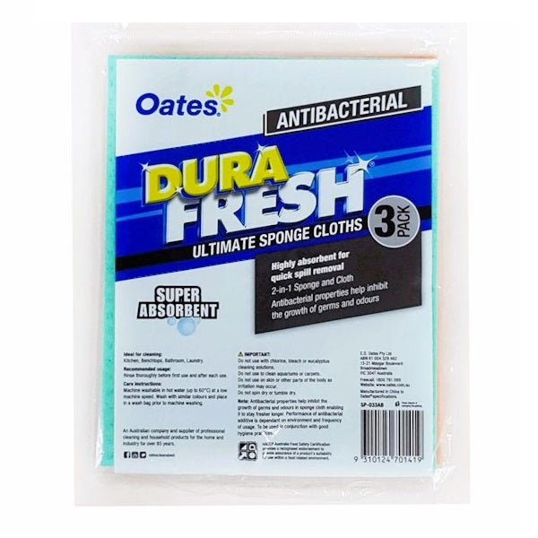 Oates DuraFresh Ultimate Antibacterial Sponge Cloth 3-Pack | Super Absorbent & Odor-Resistant Kitchen Cleaning Cloths | Perfect for Dishes, Countertops & Stainless Steel Appliances