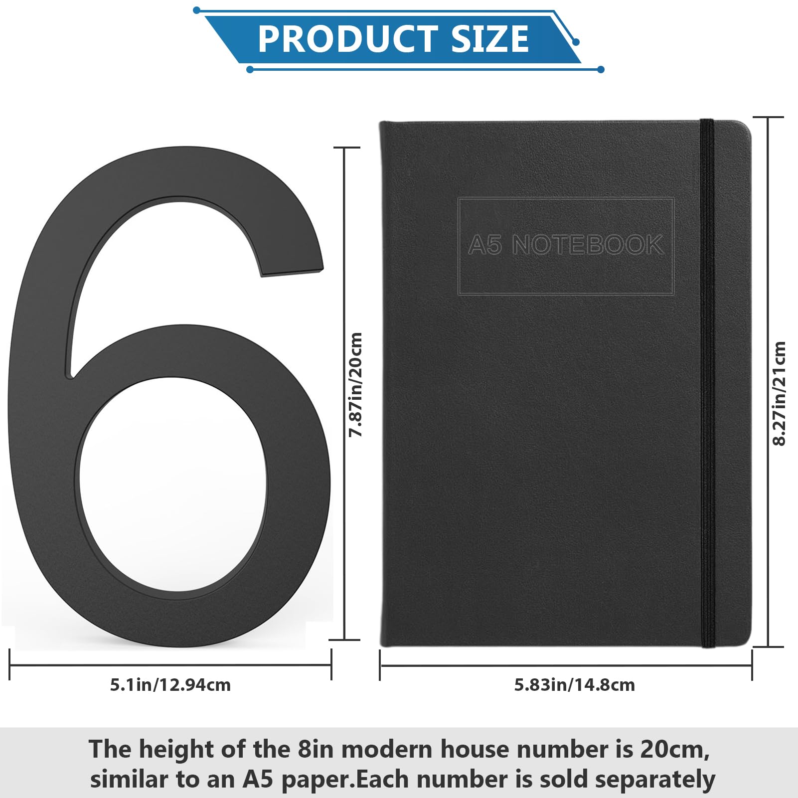 DEWEL 8 Inch Modern Floating House Numbers - Black Outdoor Address Plaque with Nail Kit for 911 Visibility (Number 6) | Perfect for Mailbox, Front Door & Curb Appeal Enhancement