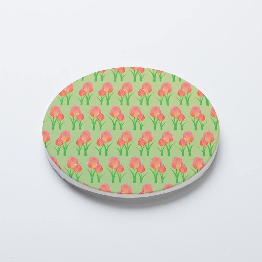 Spring Tulips Pattern Ceramic Car Coaster Set - 2.65 Inch Round Non-Slip Cup Holder Protector for Vehicles - Keep Your Car Clean & Stylish - Perfect for Coffee, Drinks & Road Trips