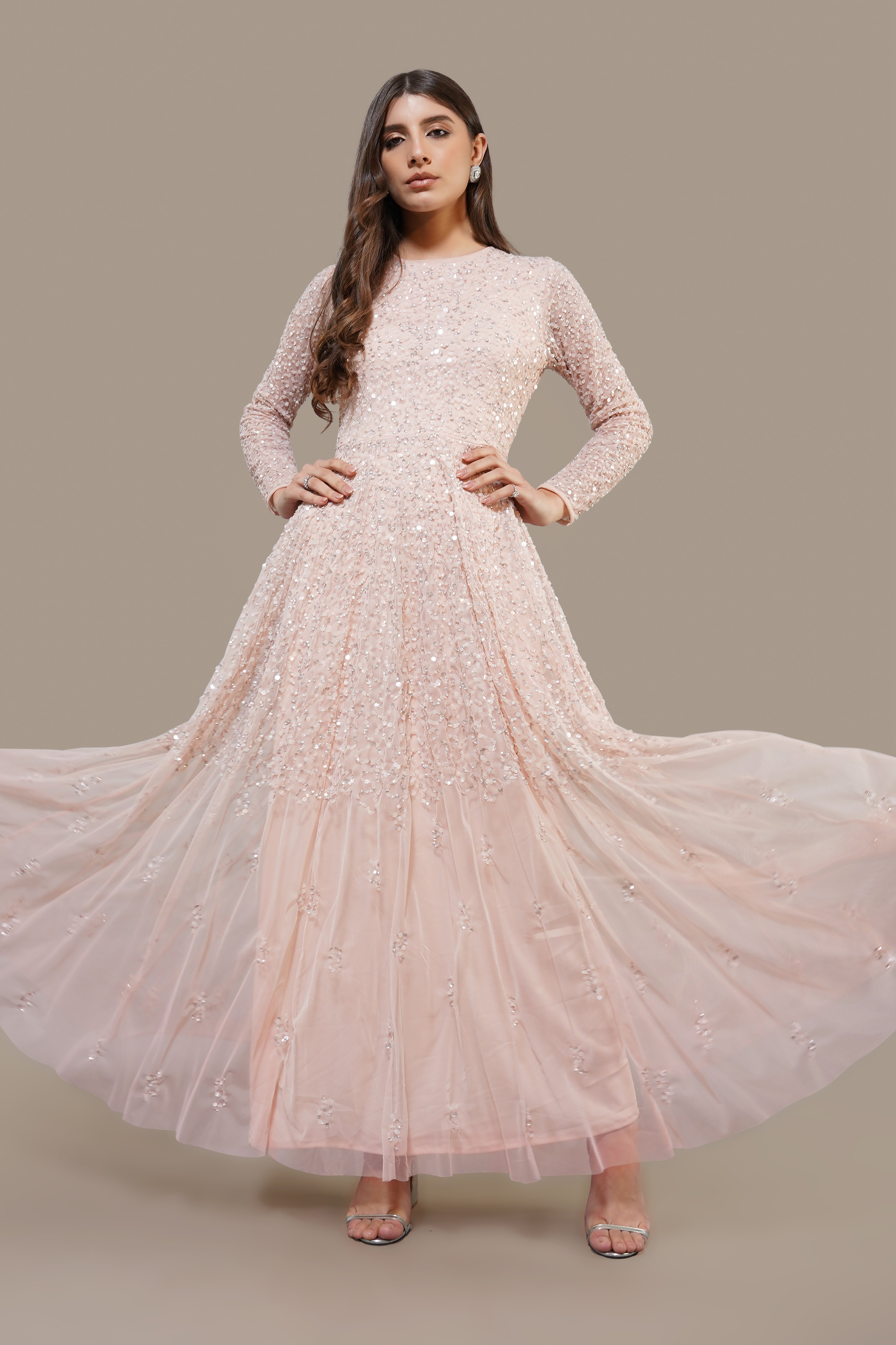 Sila Blush Pink Long Sleeve Embellished Maxi Dress for Women - Elegant Evening Gown for Weddings, Parties & Special Occasions