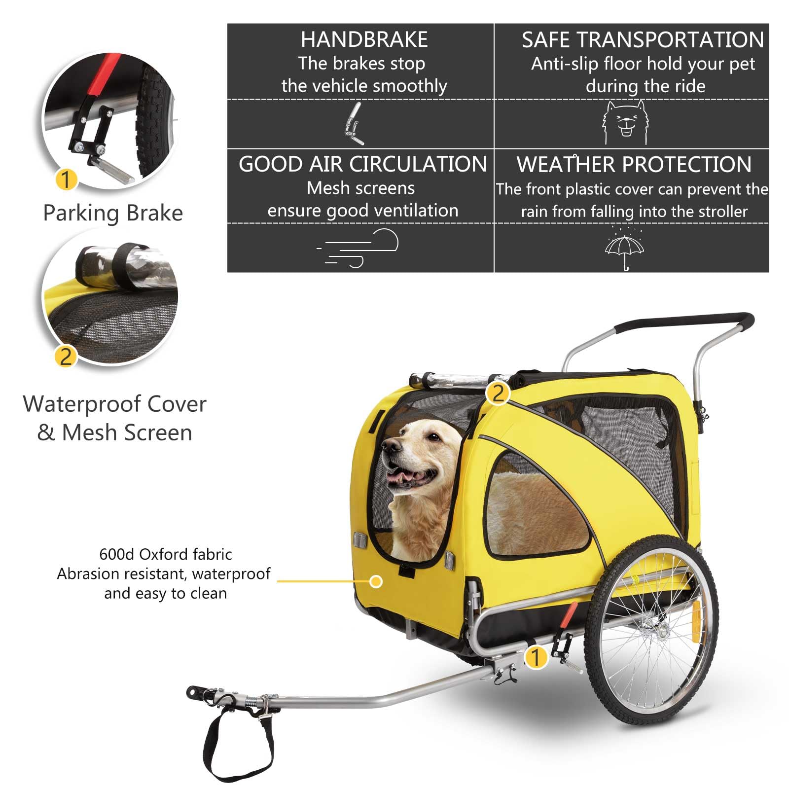 Sepnine 2-in-1 Large Dog Bike Trailer & Pet Stroller - Foldable Frame with Hand Lock Brakes, Universal Bicycle Coupler (Yellow) - Perfect for Cycling Adventures & Outdoor Walks with Your Dog