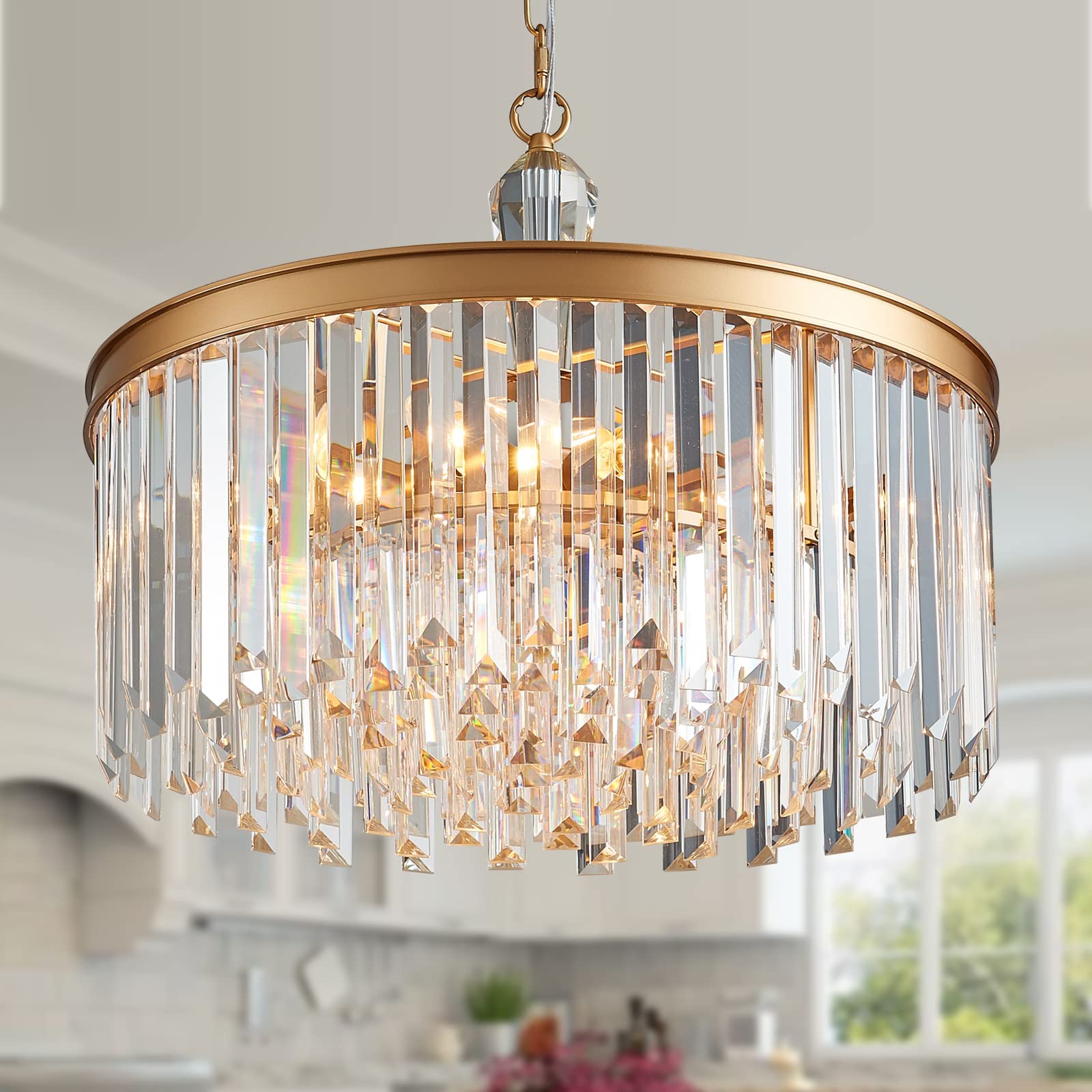 Luxury Modern Crystal Chandelier - 6-Light Gold Metal & K9 Clear Crystal Pendant Light Fixture for Kitchen Island, Dining Room, Living Room, Entryway - UL Listed | Elegant Lighting for Home Decor & Special Occasions