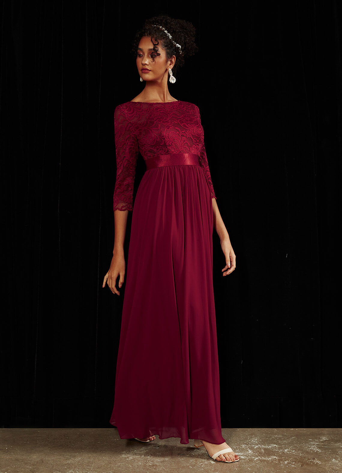 Elegant Burgundy 3/4 Sleeve Boat Neck Floor Length Lace Mother of the Bride Dress - Perfect for Weddings, Formal Events & Special Occasions