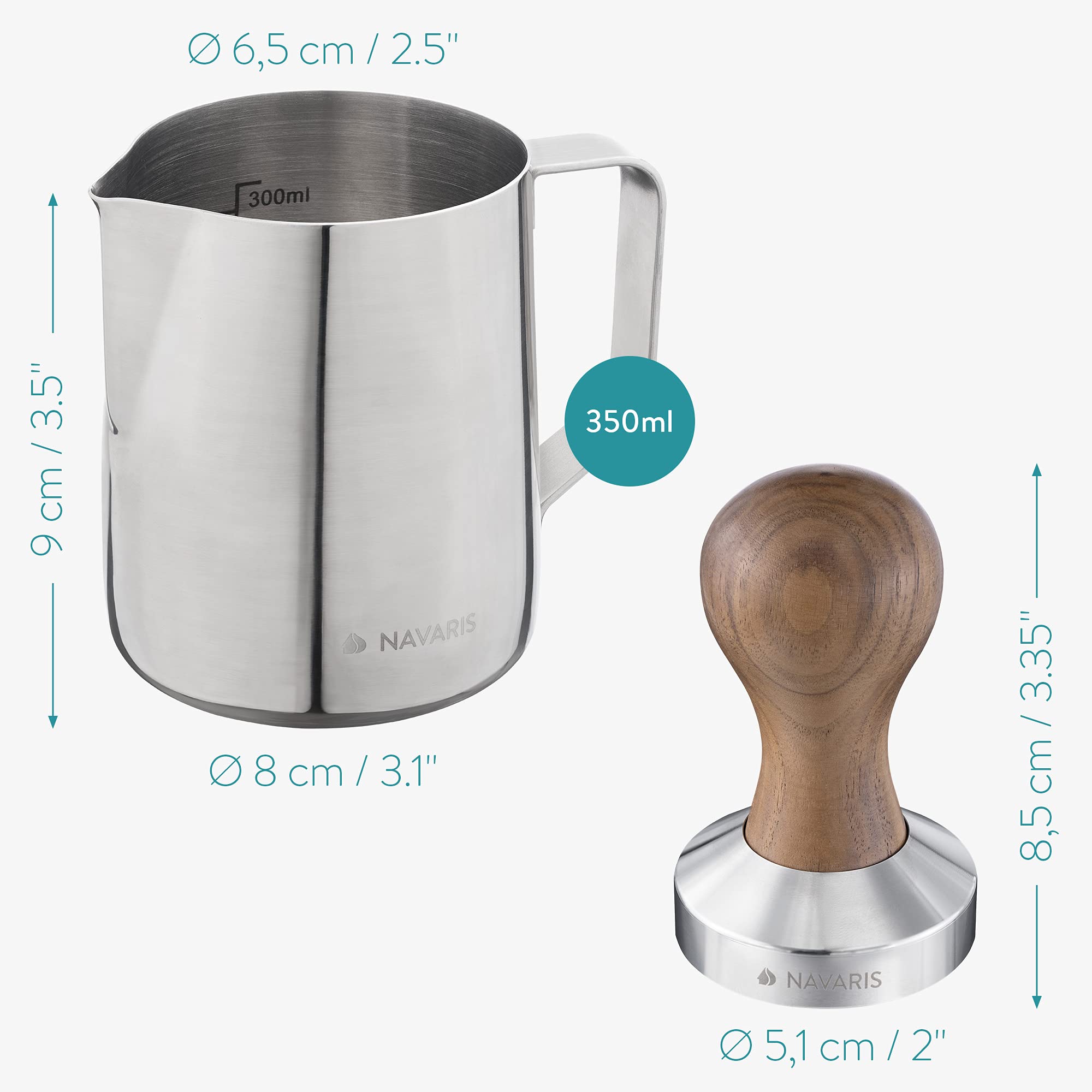 Navaris 51mm Coffee Tamper Set - Stainless Steel Espresso Press with Walnut Handle & Milk Frothing Pitcher - Professional Barista Tools for Home Brewing | Perfect for Espresso Machines & Latte Art