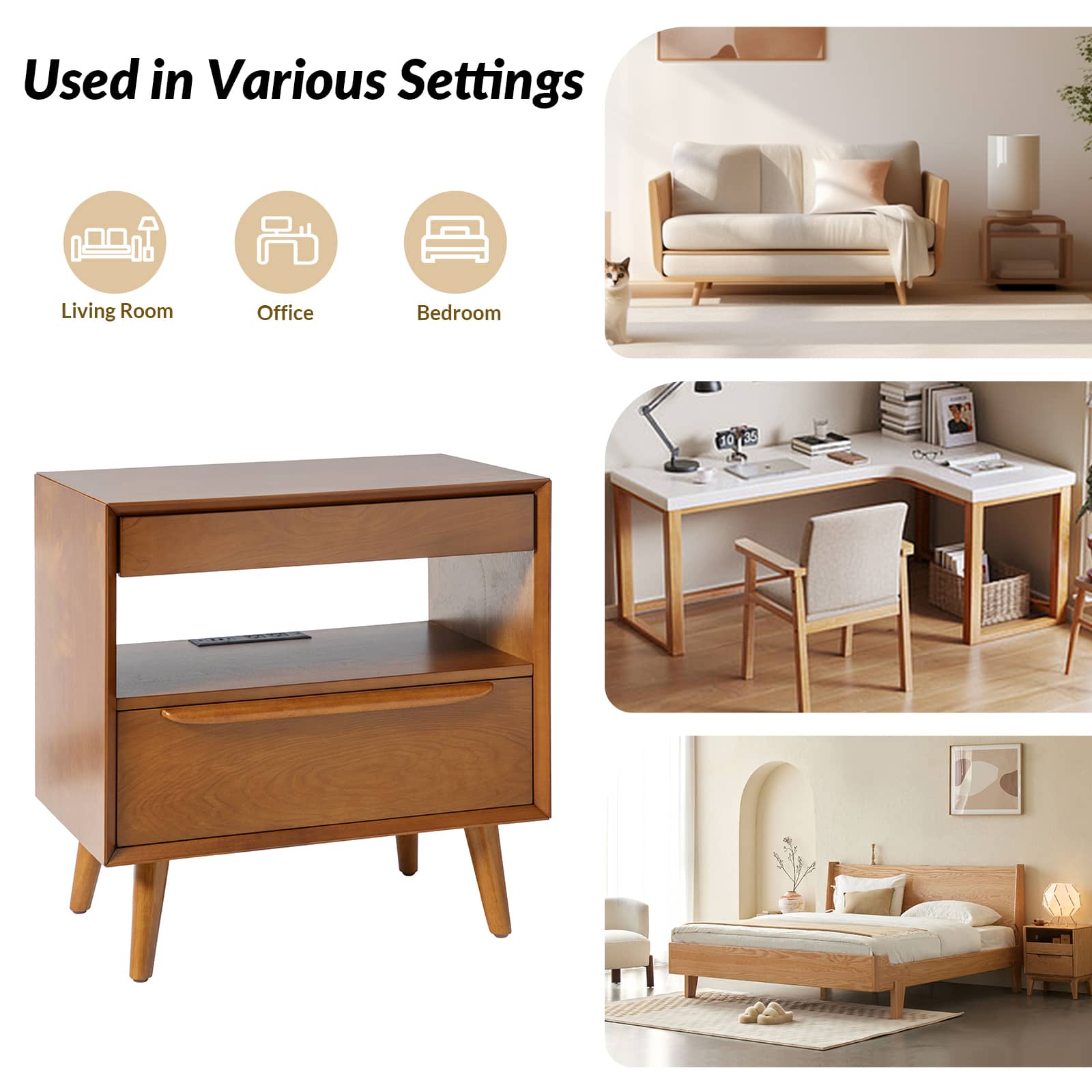 Mid Century Modern Nightstand with 2 Drawers & Built-In Outlets - Giralda Bedside Table for Bedroom, Living Room & Office (Optional Types)