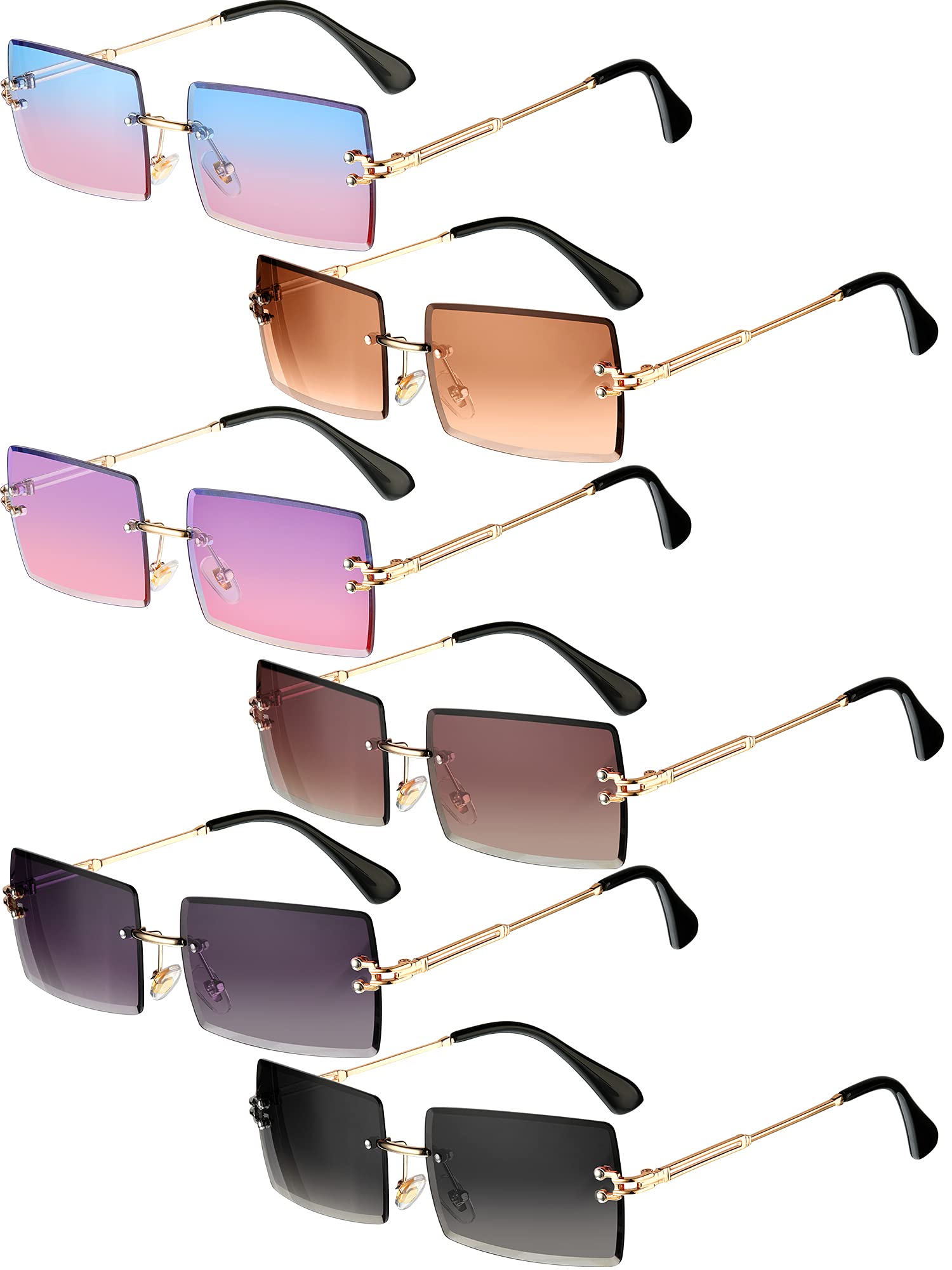 WeeWooday 6 Pairs Rimless Rectangle Sunglasses for Women & Men - Vintage Chic Square Frameless Eyeglasses - UV Protection Unisex Glasses for Driving, Beach & Outdoor Activities