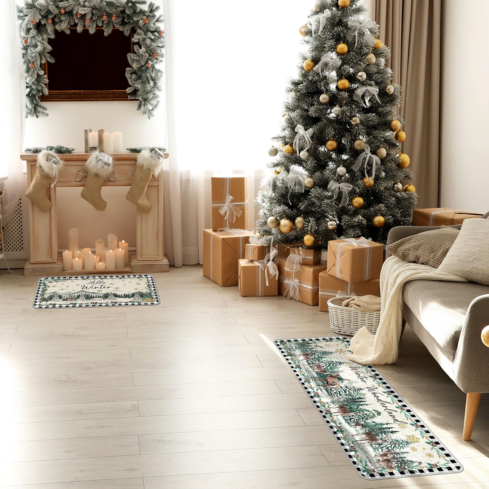 3-Piece Winter Wonderland Non-Slip Kitchen Mat Set - Waterproof Washable Floor Rugs for Farmhouse Decor, Holiday Home, Office, Bathroom & Party - Cozy Rustic Floor Mats for Christmas Decorations & Winter Gatherings