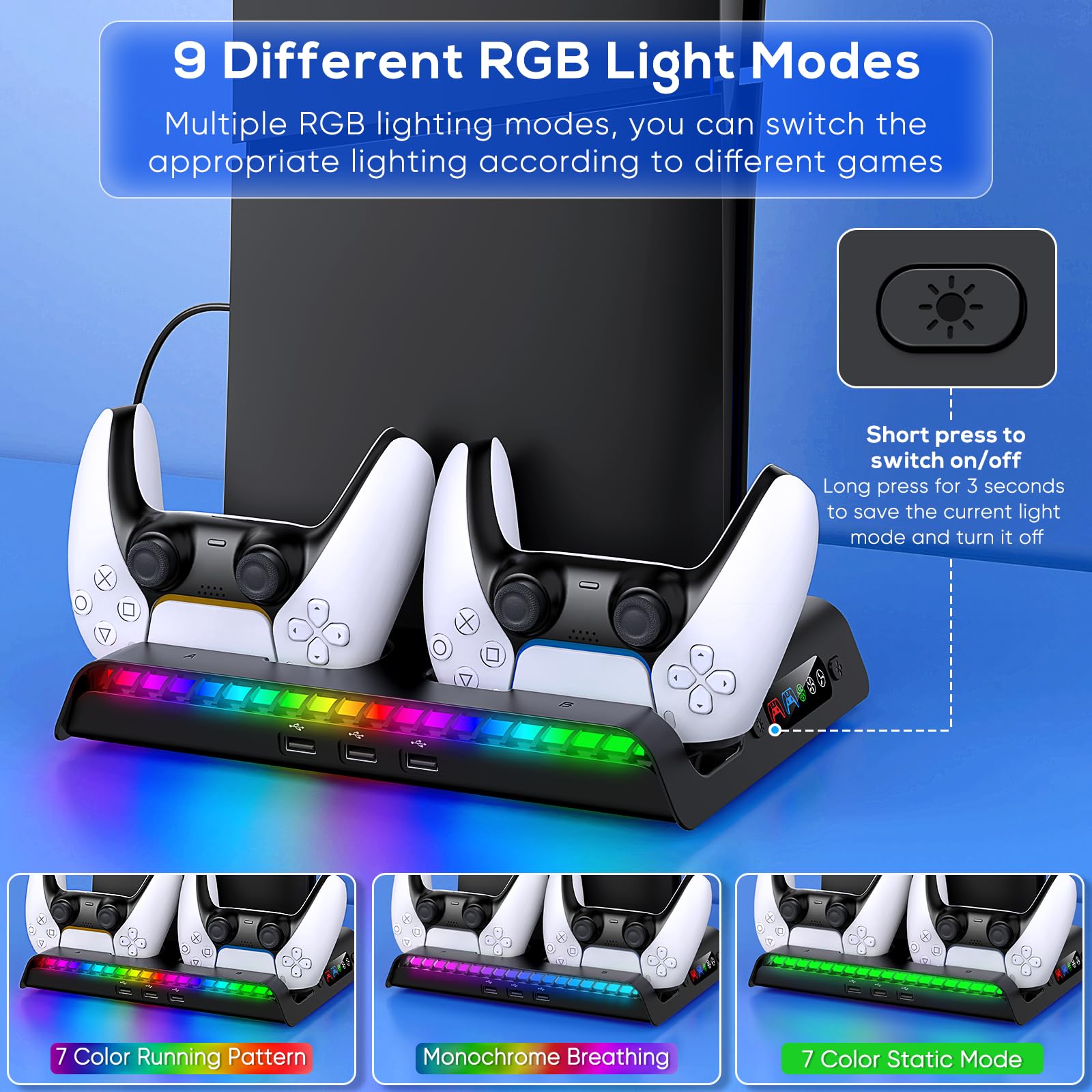 FYOUNG Vertical Stand for PS5 Slim with Cooling Fan & Controller Charging Station, Multifunctional Cooling Stand for Playstation 5 Slim Accessories with 9 RGB Lights (Black) - Perfect for Gaming Setup and Console Protection