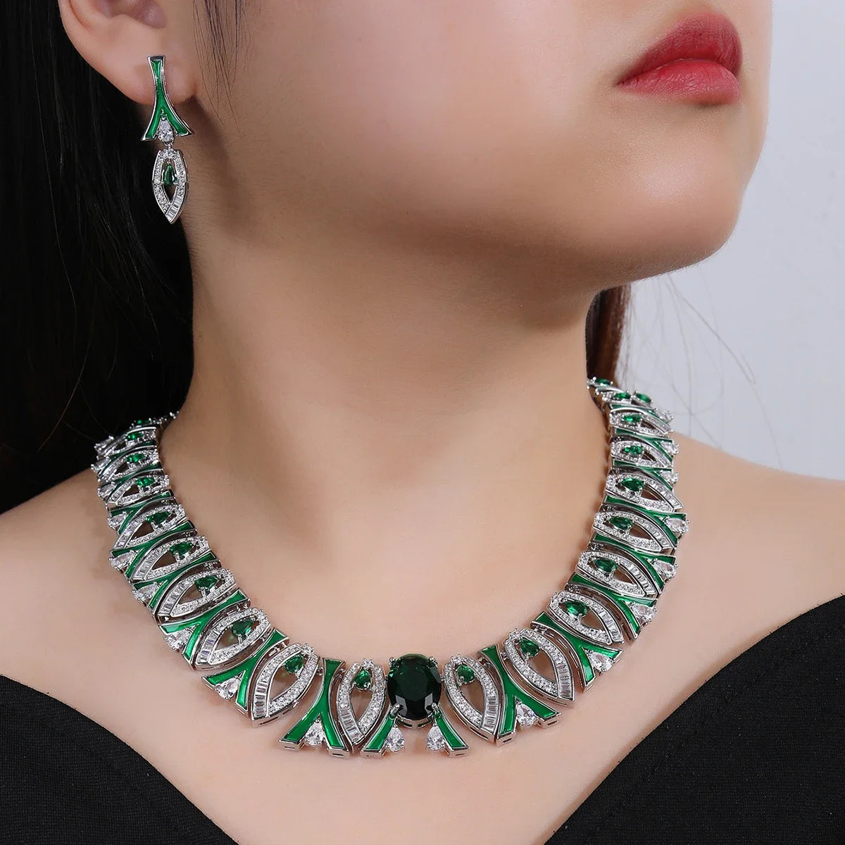 Elegant Cubic Zirconia & Enamel Jewelry Set for Women - Wedding, Bridal, Party Accessories - White Zirconia Necklace & Earrings Set CN11269 | Perfect for Bridal Shower, Anniversary Gift, and Special Occasions