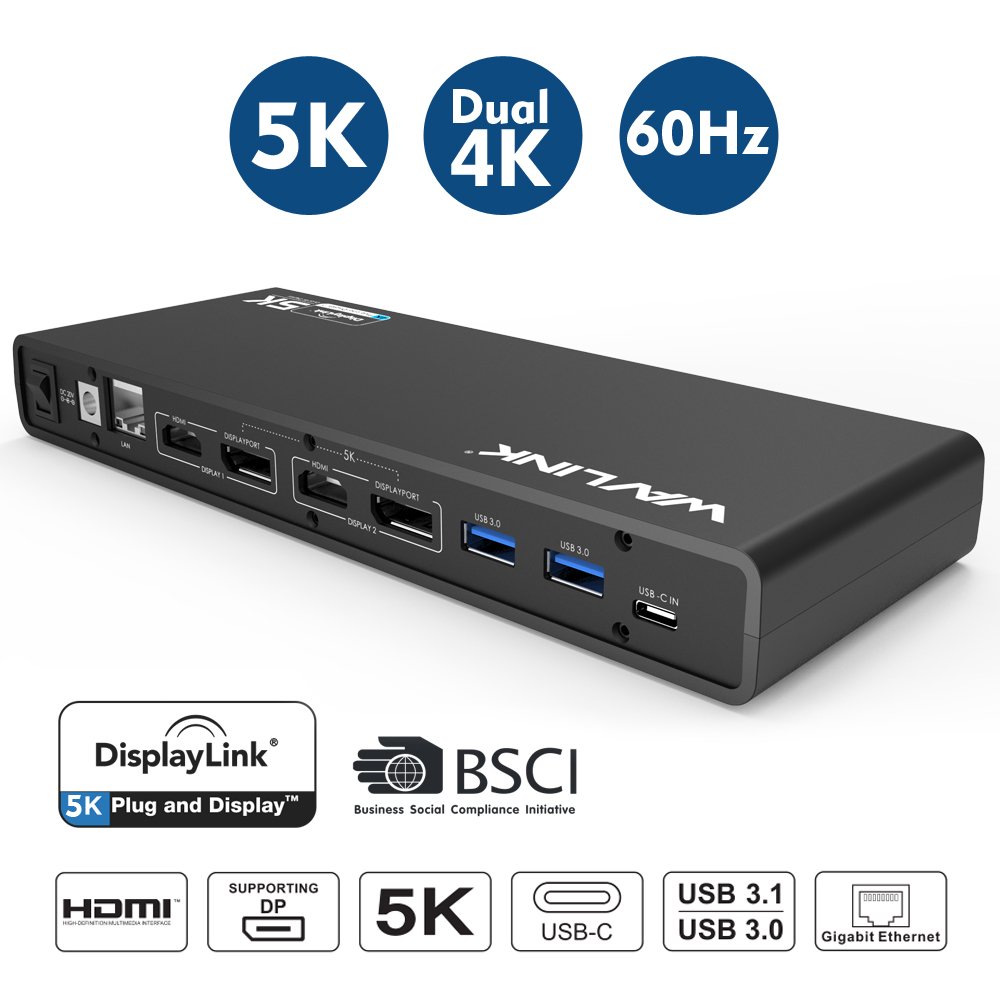 WAVLINK USB-C Docking Station with 2X HDMI & DisplayPort, 5K & Dual 4K Display, 6xUSB 3.0 Ports, Gigabit Ethernet, Audio/Mic - Compatible with Mac OS & Windows Laptops - Perfect for Home Office & Multi-Monitor Setup