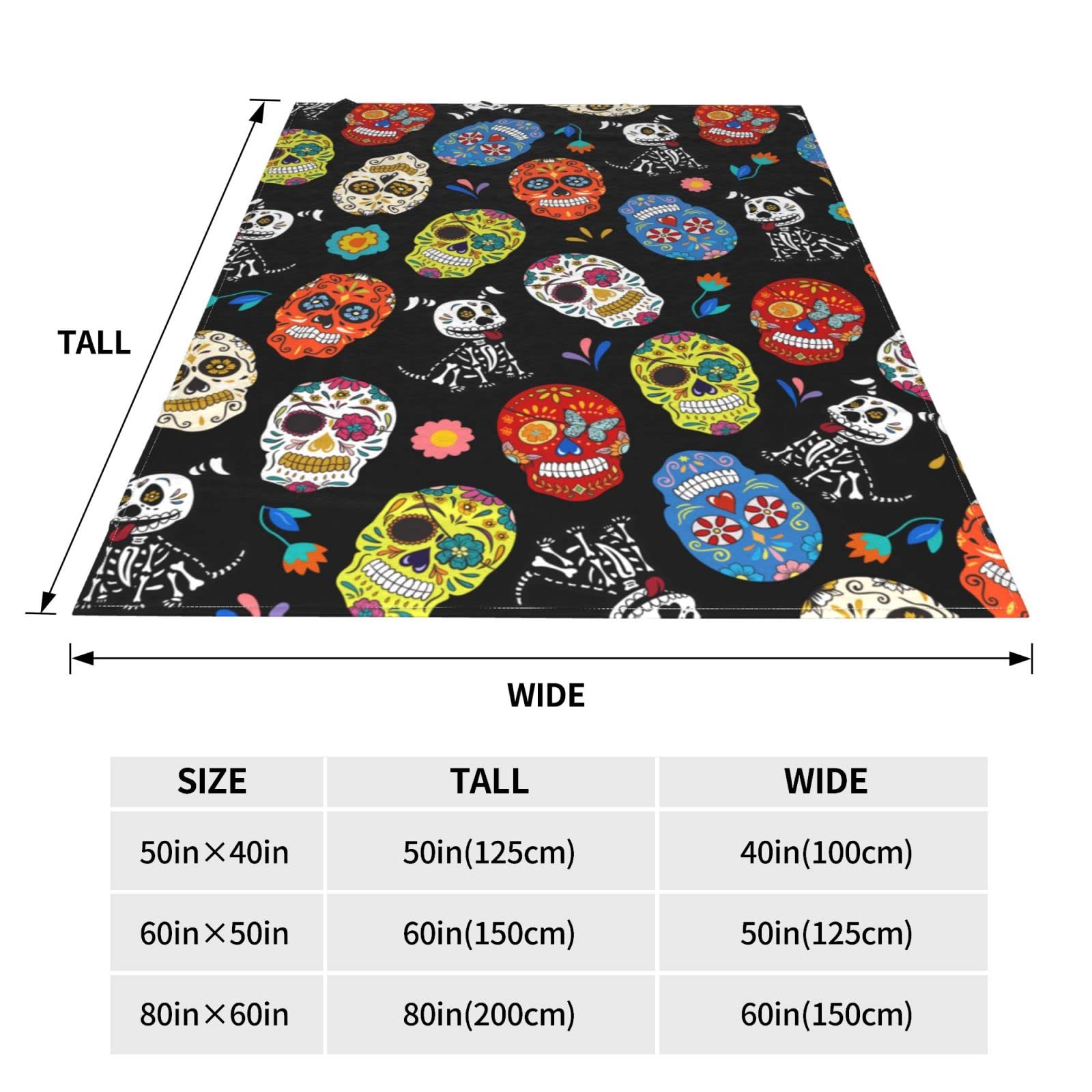 Day of the Dead Sugar Skull Fleece Blanket - Soft Warm Flannel Throw 80x60 Inches for Couch, Bed & Pets - Mexican Holiday Home Decor Gift for Adults & Kids