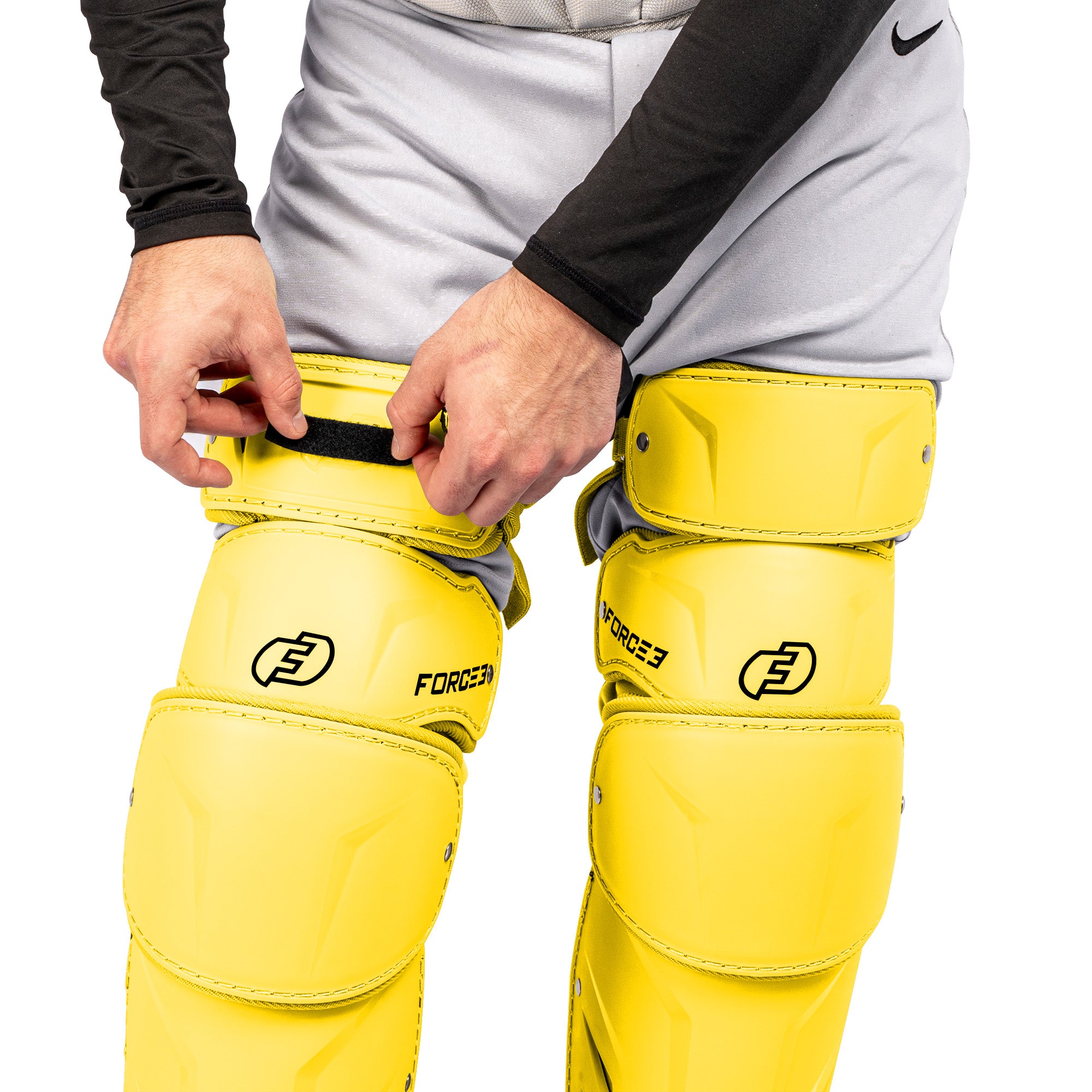 FORCE3 XS3® PRO ELITE Baseball Catcher Leg Guards - Adult Size | Lightweight Protective Gear for PitchCom® System | Perfect for MLB, College & Youth Games