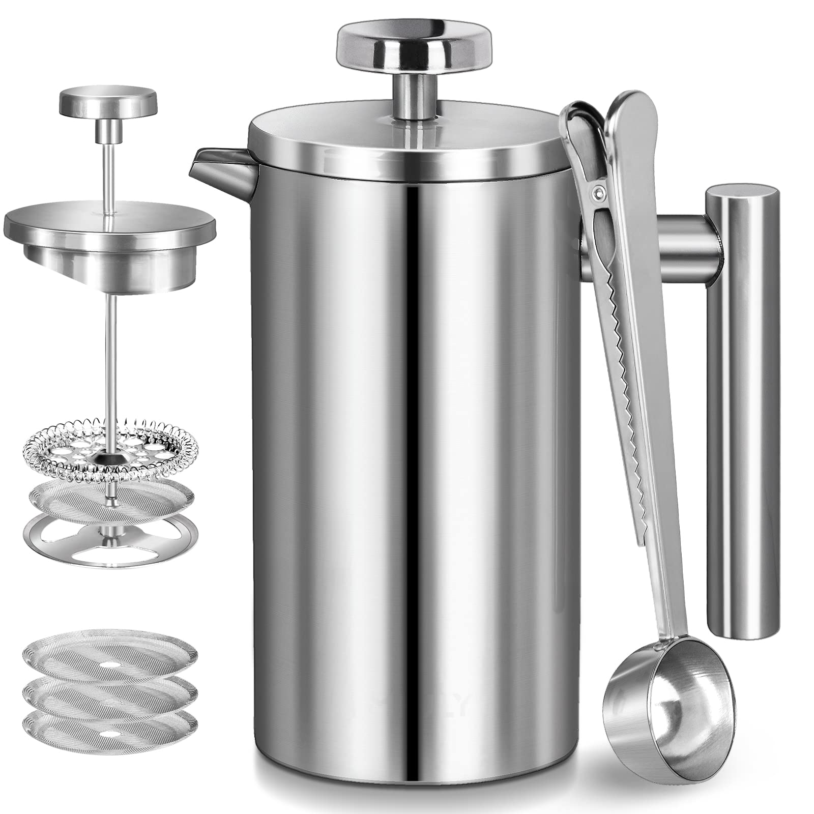 Premium Stainless Steel French Press Coffee Maker - 34oz/1000ml Double Wall Insulated for Hot Coffee & Tea - Includes 3 Extra Filters & Measuring Spoon - Ideal for Home, Office & Camping Use - Silver