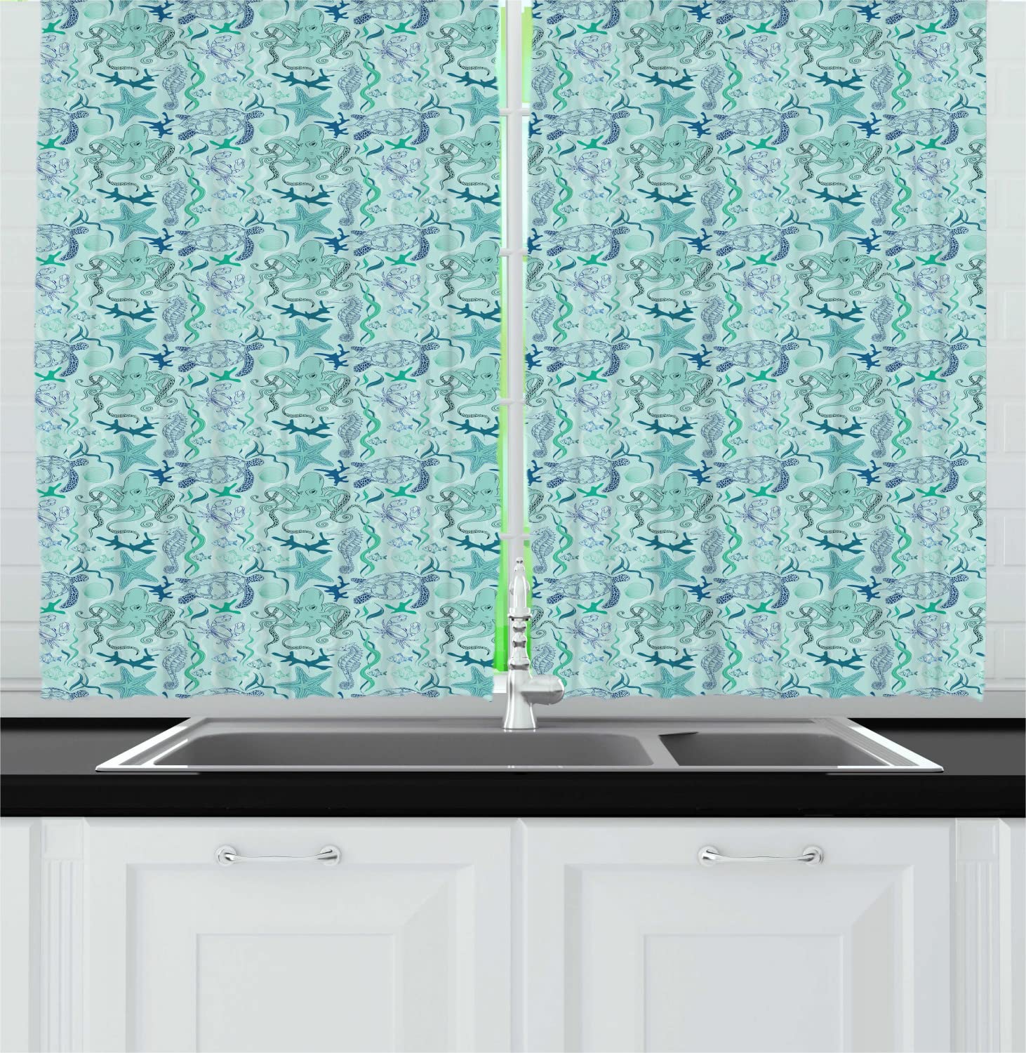Ambesonne Nautical Long Kitchen Curtains - Ocean Themed Sea Animals & Plants Design with Fish, Octopus & Seaweed - 2 Panel Rod Pocket Drapes for Coastal Home Decor - 55