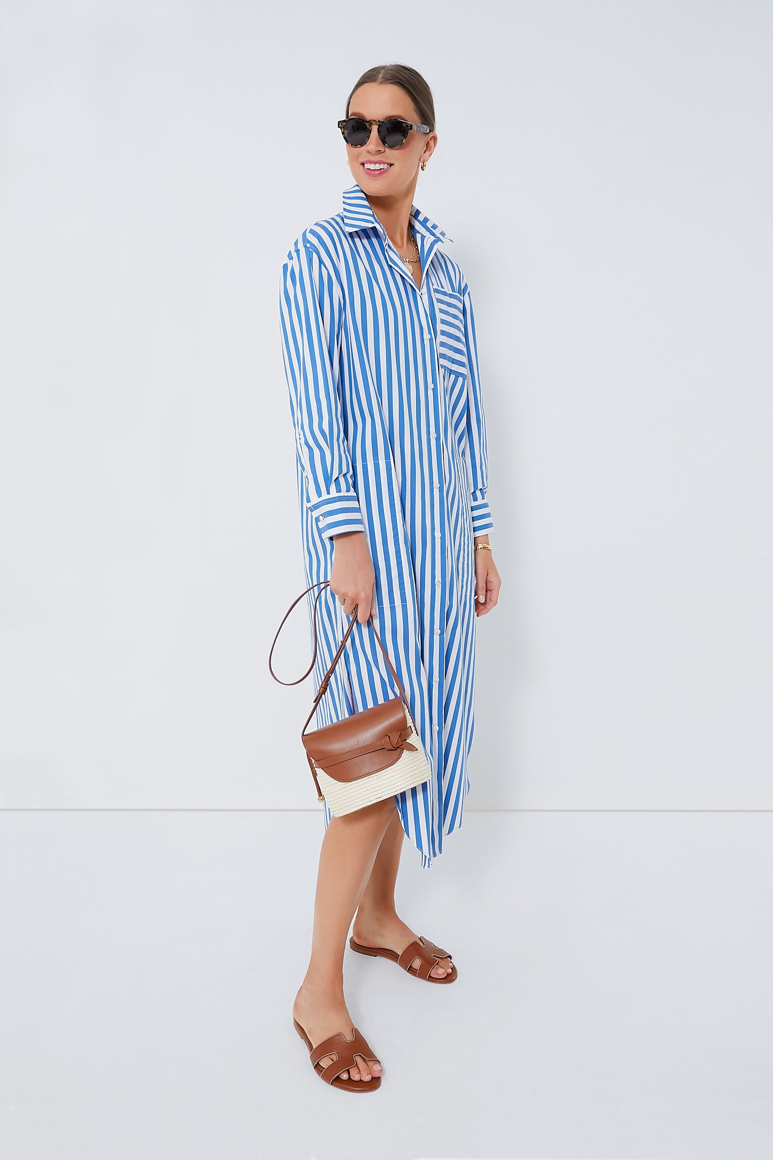 Blue Stripe Constance Maxi Shirt Dress for Women - Elegant Long Sleeve Button Down Tunic - Perfect for Casual Outings, Office Wear & Summer Vacations