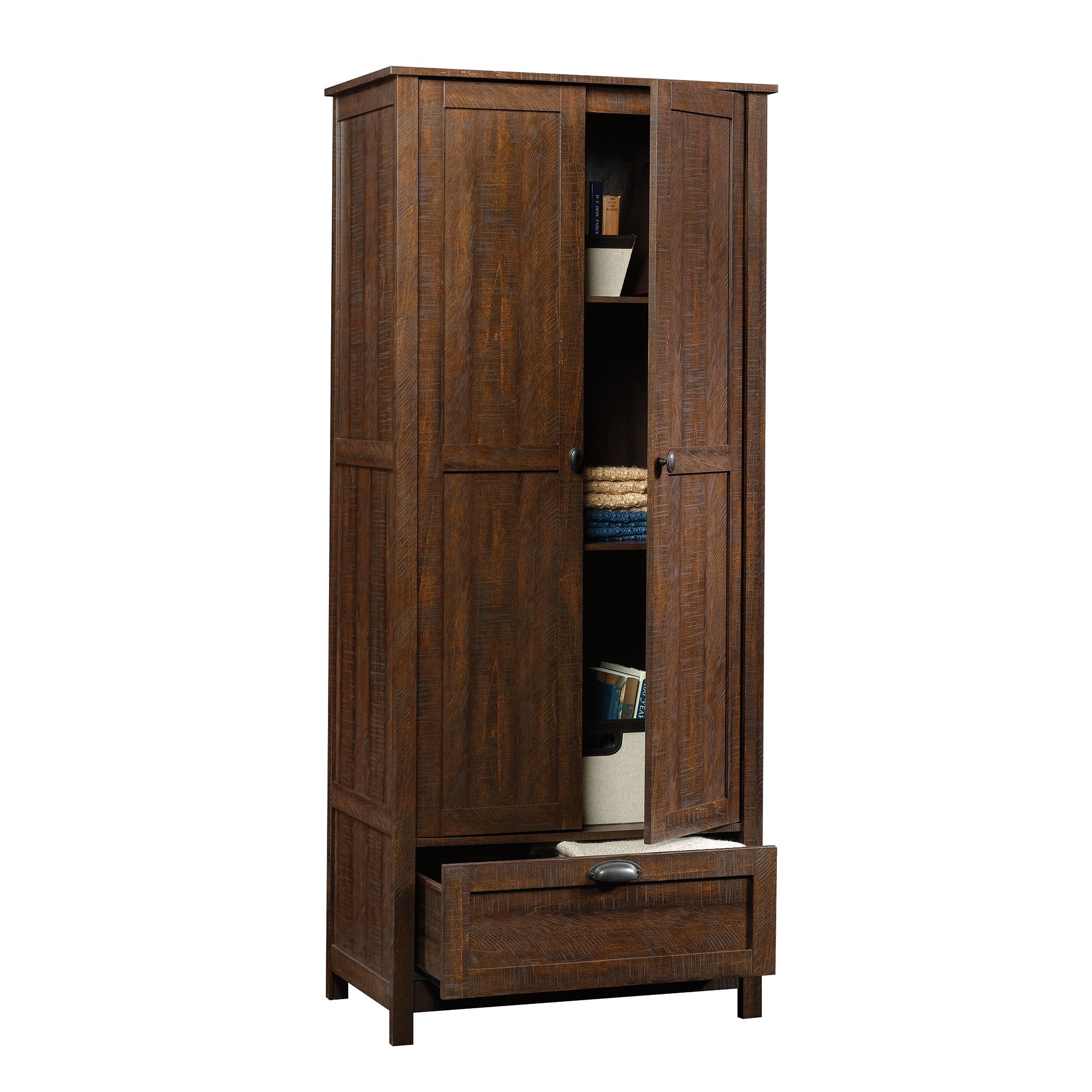 Sauder Rustic Walnut Storage Cabinet - Pantry Organizer for Kitchen, Bathroom & Office - Wooden Cupboard with Adjustable Shelves for Home Organization