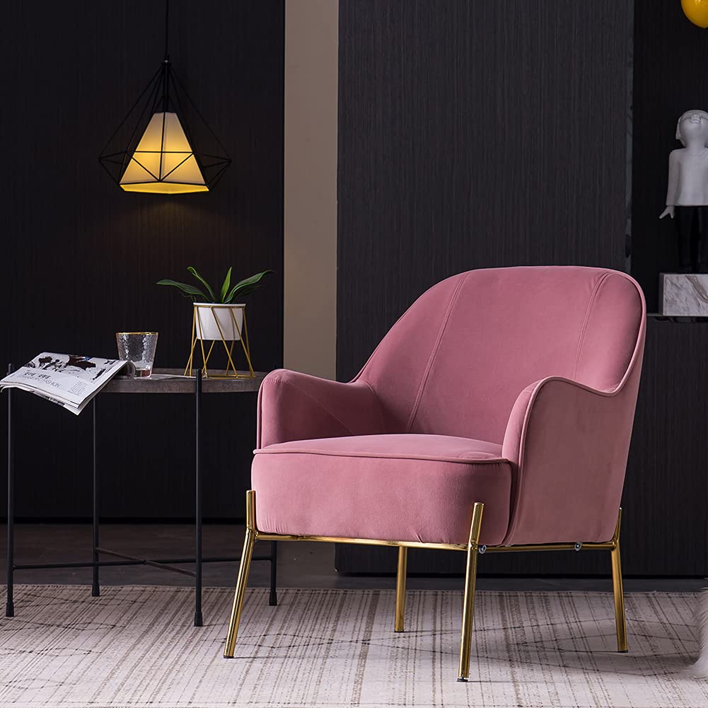 Modern Velvet Accent Chair with Adjustable Metal Legs - Soft Upholstered Ergonomic Armchair for Living Room, Bedroom & Balcony - Pink Lounge Chair for Reading Nook, Home Office & Cozy Spaces