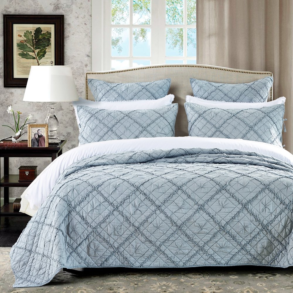 Luxury Calla Angel Diamond Applique Pure Cotton Voile Quilt - Queen Size, Fog Gray - Soft & Breathable Bedding for Master Bedroom, Guest Room, or Hotel Decor