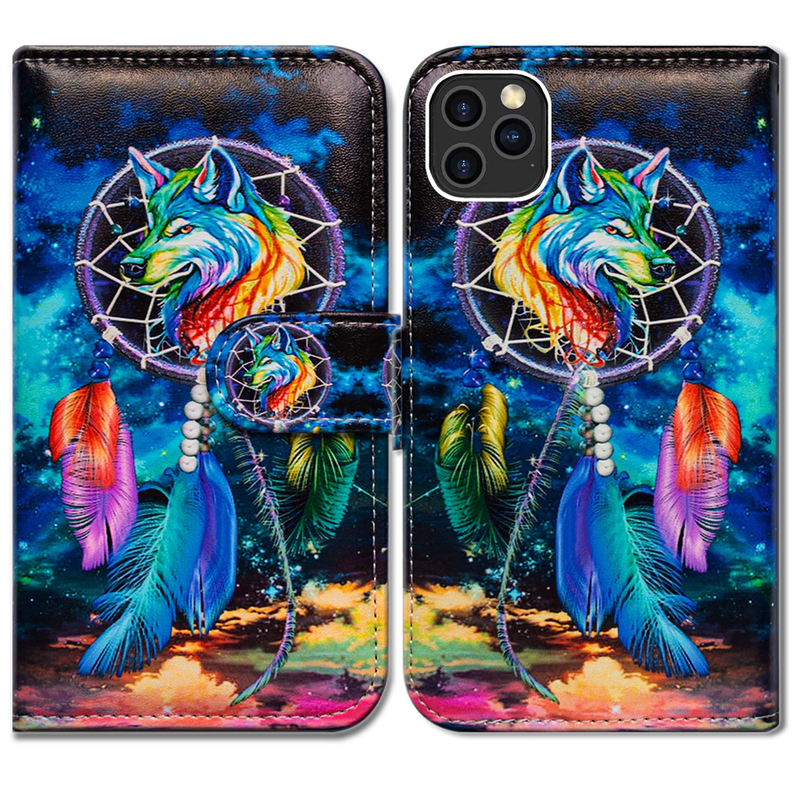 Premium Leather Flip Wallet Case for iPhone 12 Pro Max - Dream Catcher Wolf Sky Design with Card Slots & Kickstand | Protective Phone Cover for Everyday Use, Travel & Business Meetings