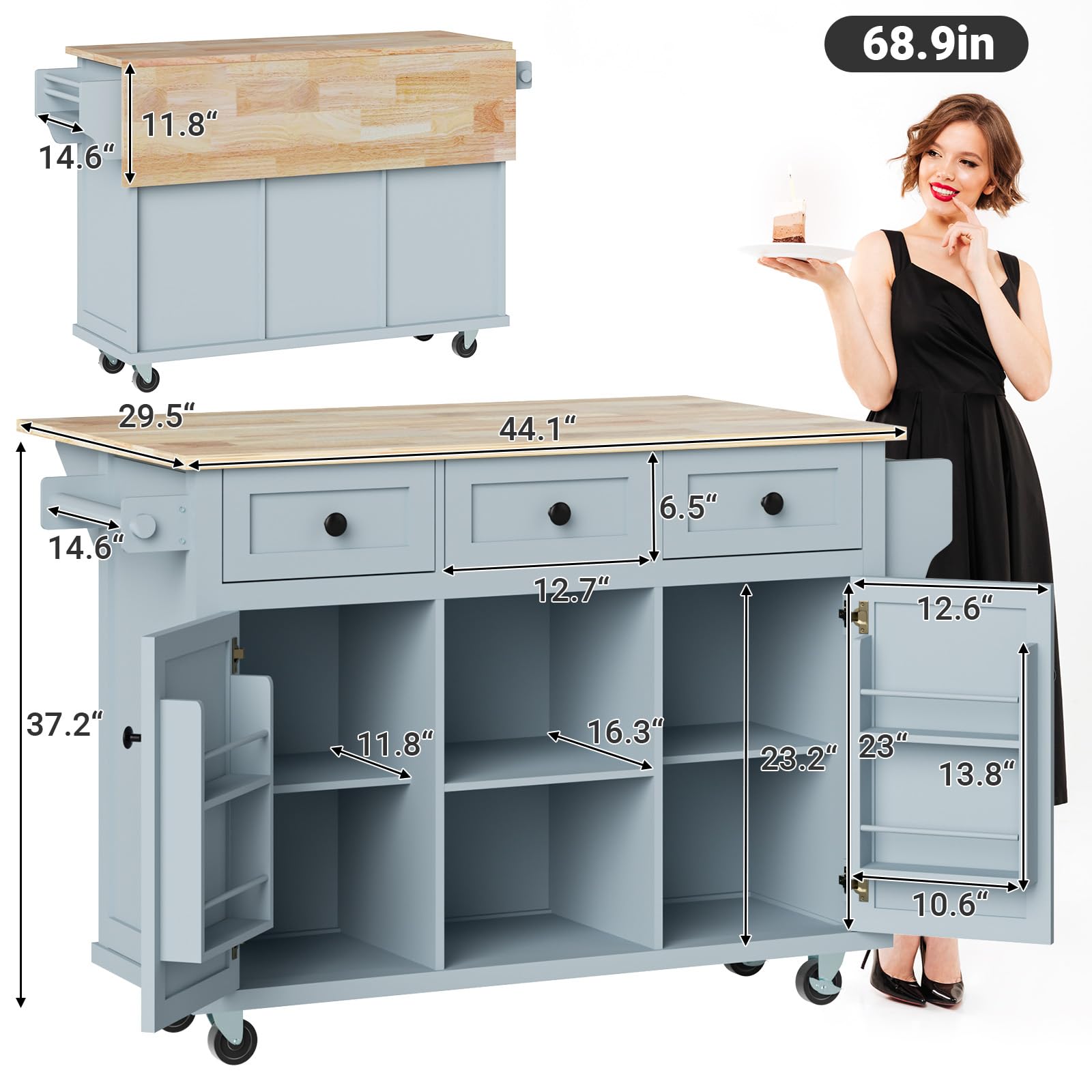 Rovibek 53-inch Blue Kitchen Island Cart with Storage Cabinet & Drawers - Solid Wood Mobile Rolling Island on Wheels - Perfect for Small Kitchens, Dining Areas & Home Organization