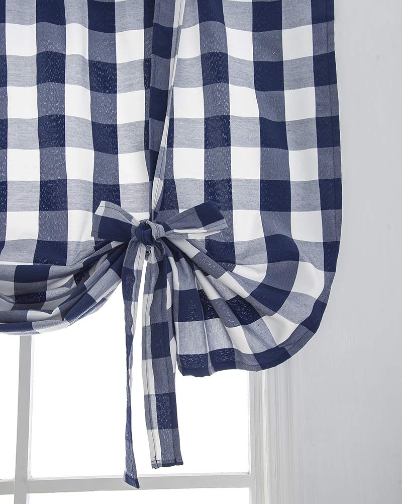 Buffalo Check Thermal Insulated Tie-Up Window Curtains - Plaid Print Roman Shades with Rod Pocket & Balloon Design - Room Darkening Kitchen Valance for Small Windows (31x55 Inches, Blue) - Perfect for Cozy Farmhouse Kitchens, Bedrooms & Living Rooms
